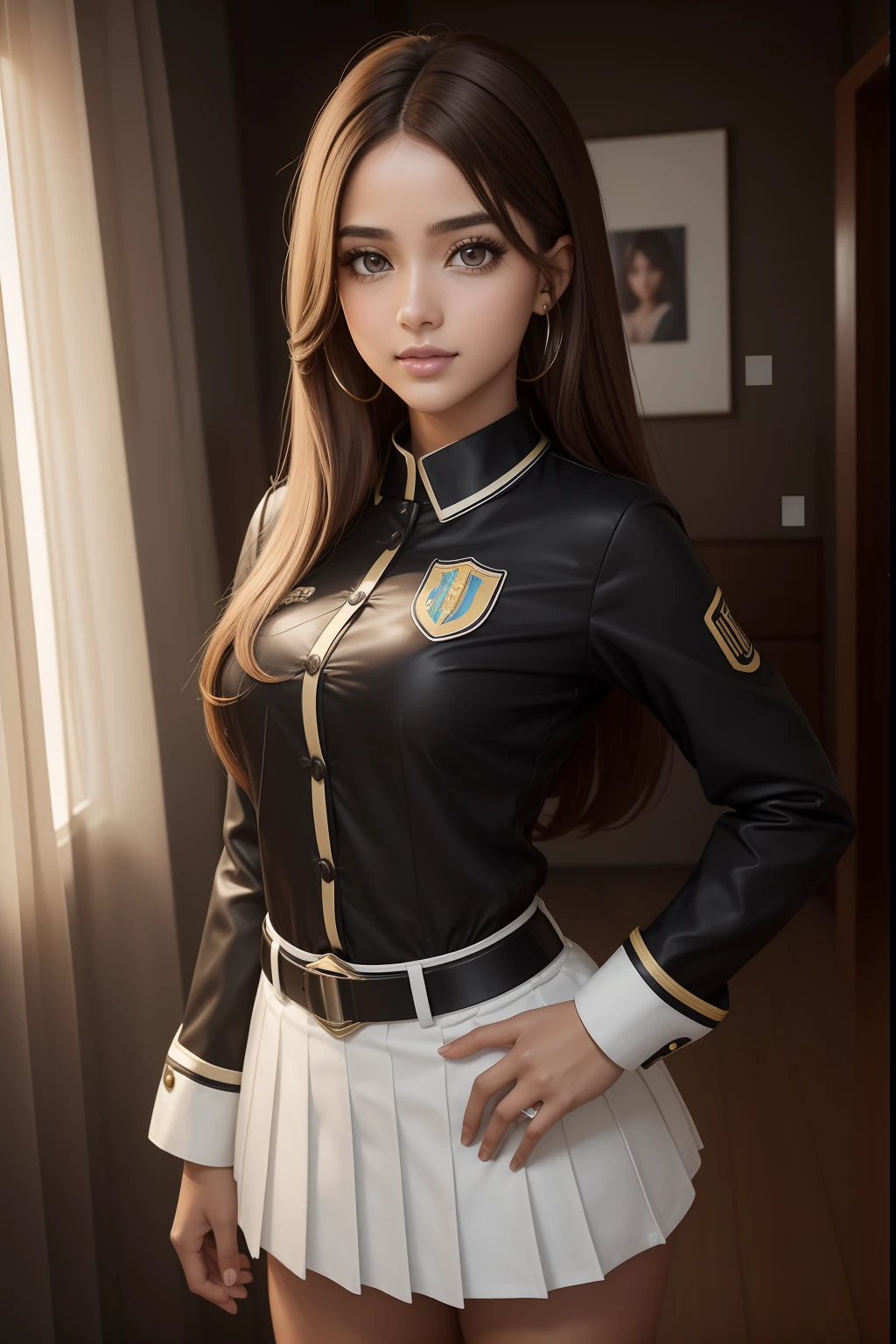 olhos negros, 1 mulher, (female)), sozinho, real, Qualidade Superior, fotorrealista, master part, 8k, HDTV, sozinho, HDTV cara, soft lighting, quarto, ((dia)), heaven, (Looking at camera), (retrato: 0.6), corpo inteiro, (medium hair), rabo-de-cavalo, brown hair, cabelos flutuantes, lips, batom, sorriso sedutor, cabelos flutuantes, sorrir, boca aberta, dente, Cilia, Nogizaka 46, Tada da moda, Akari Suda, idolmaster, Beautiful girl, ((uniforme)), (((Standing))