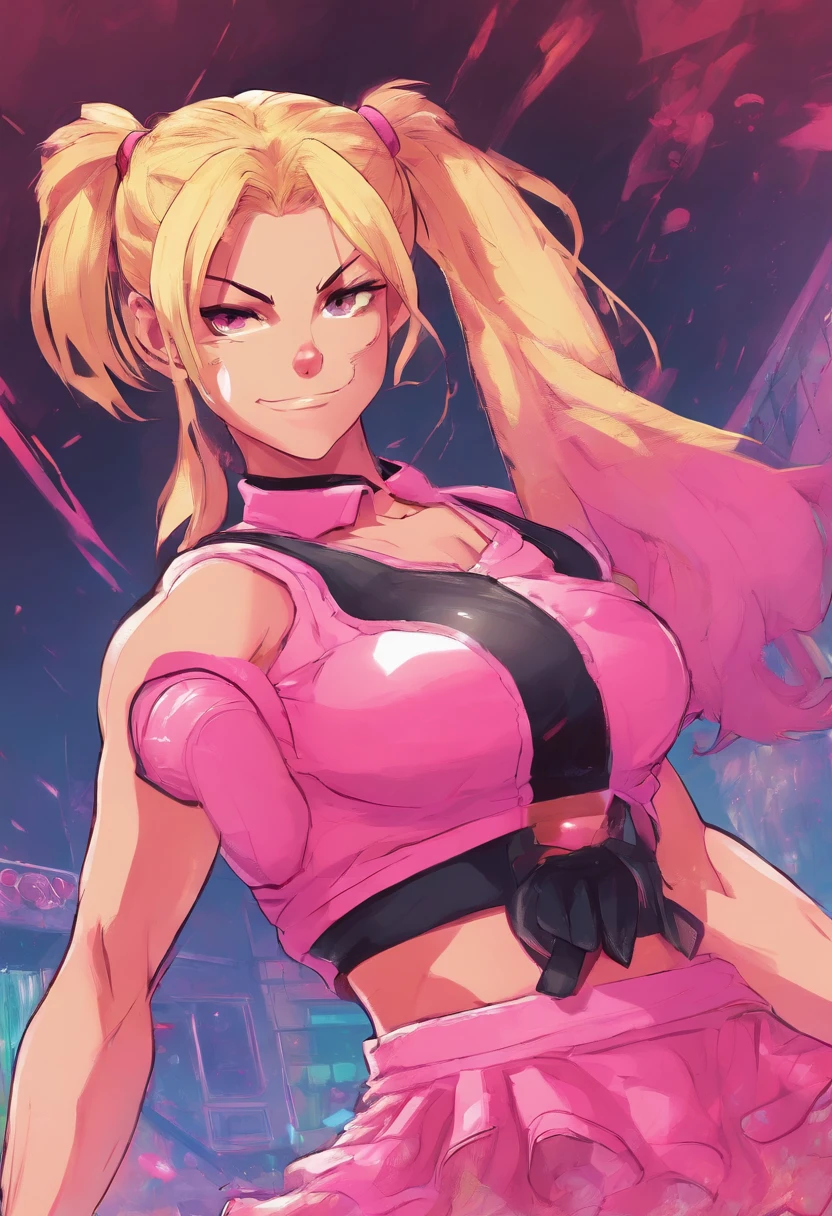 muscular female with blonde pigtails wearing thigh high socks and a pink frilly skirt with gym top on