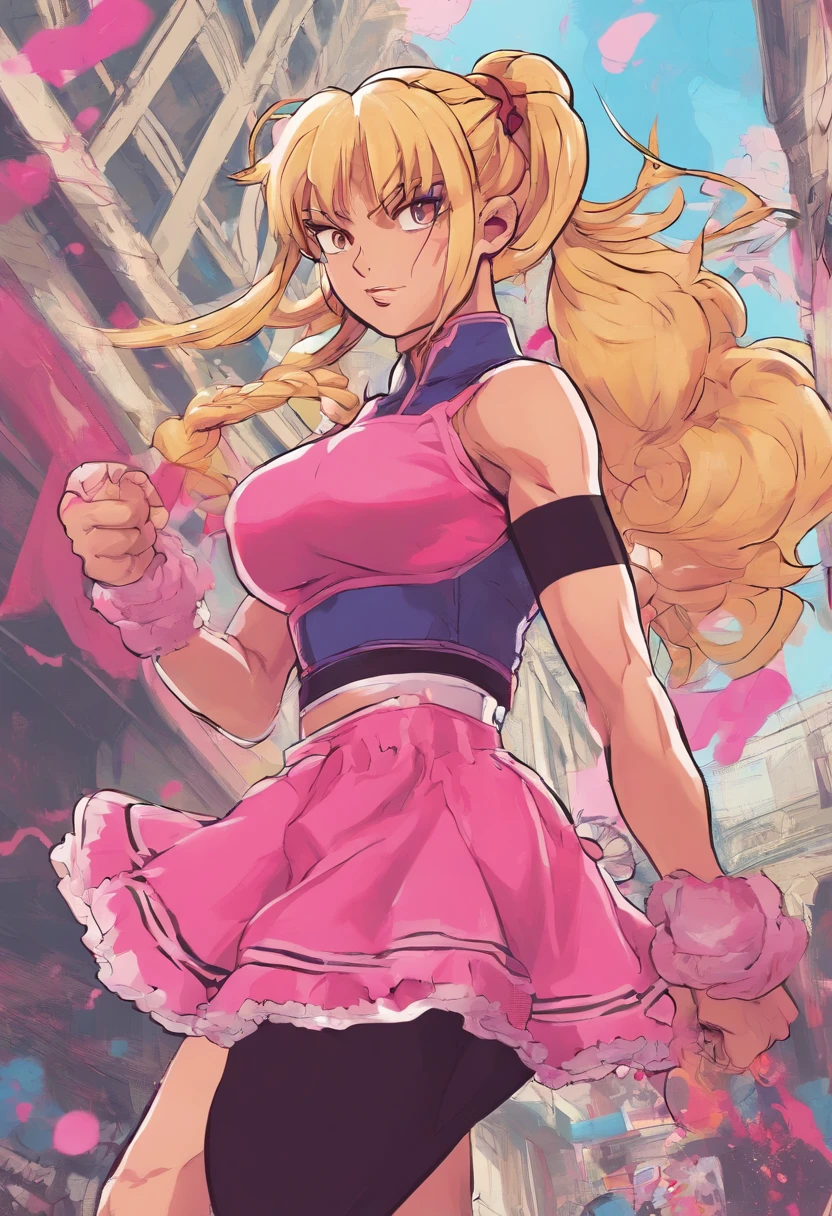 muscular female with blonde pigtails wearing thigh high socks and a pink frilly skirt with gym top on