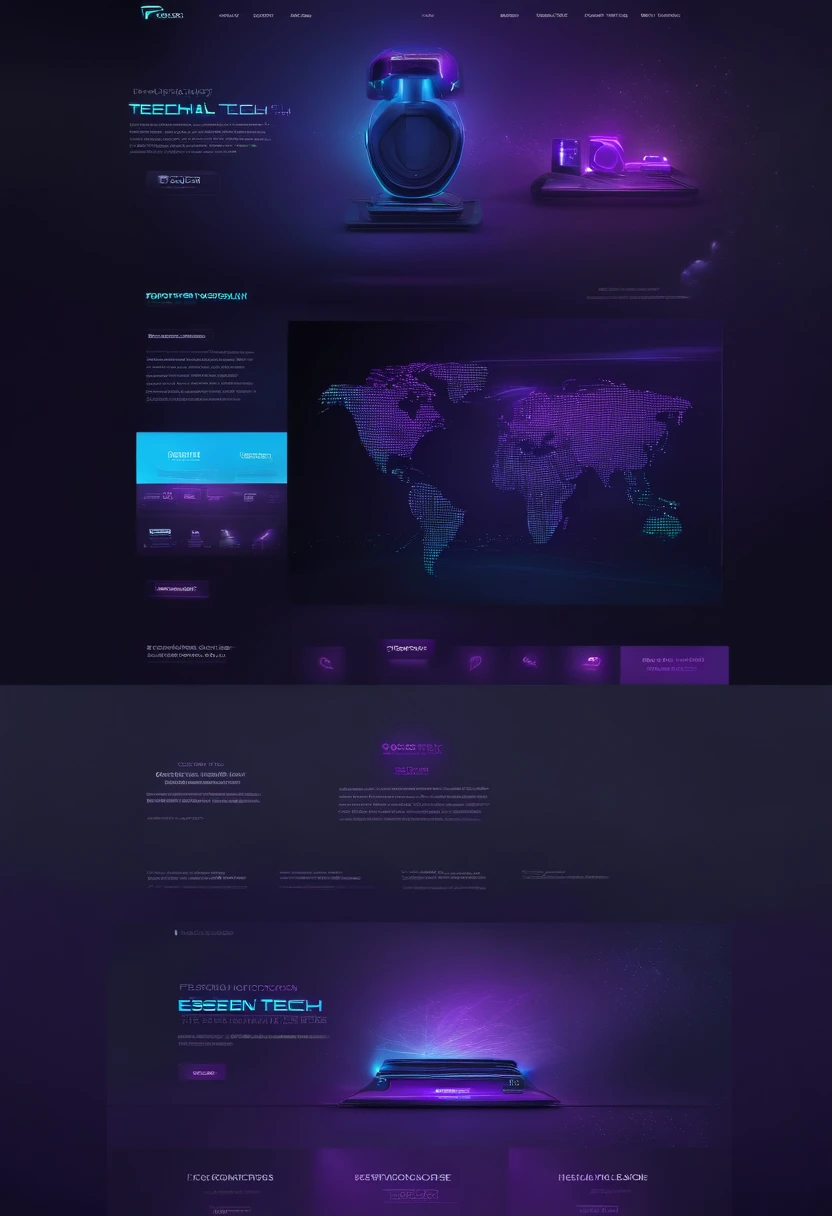 Create a futuristic logo for our state-of-the-art electronics store, 'Essential Tech,' incorporating neon gradient colors in purple, lavender, blue, and emerald on a dark-themed background to represent innovation and technology.