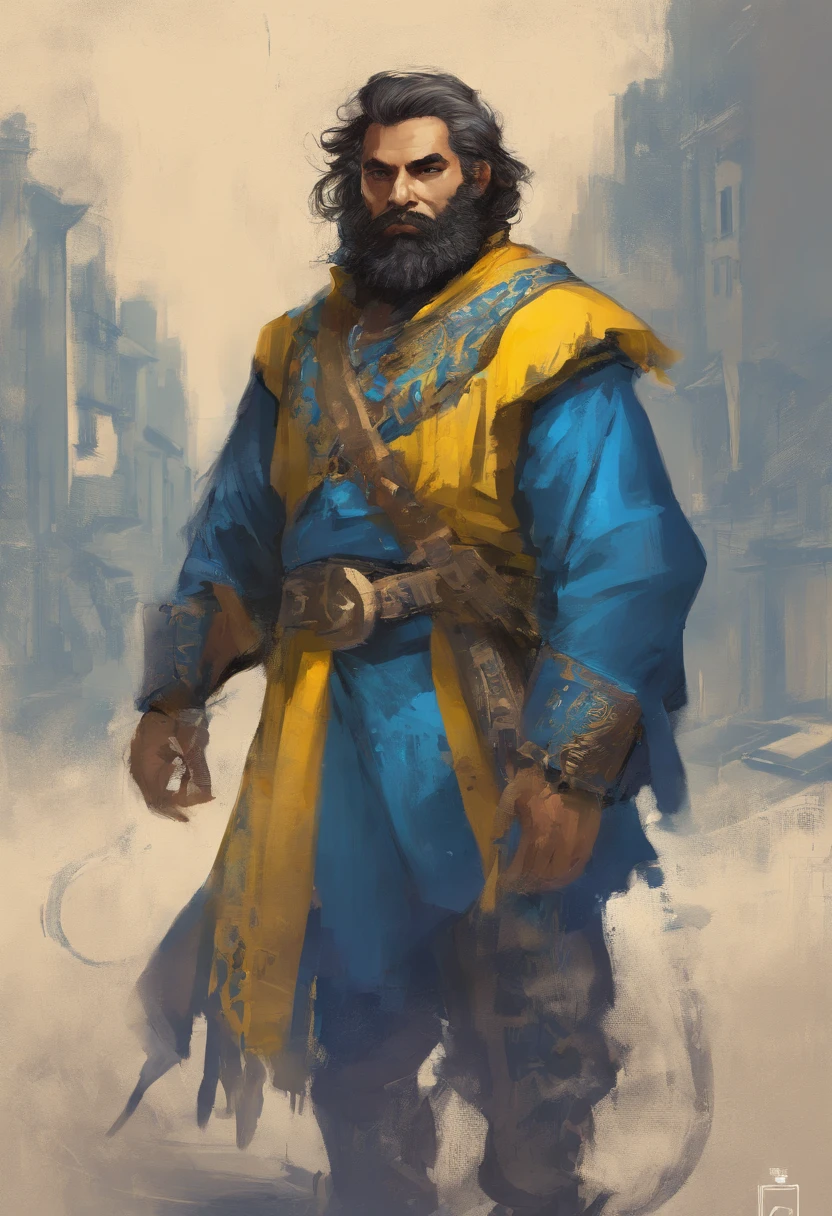 Barba longa, homem, azul e amarelo, ruas da cidade, cabelo cacheado, latino, brinco argola