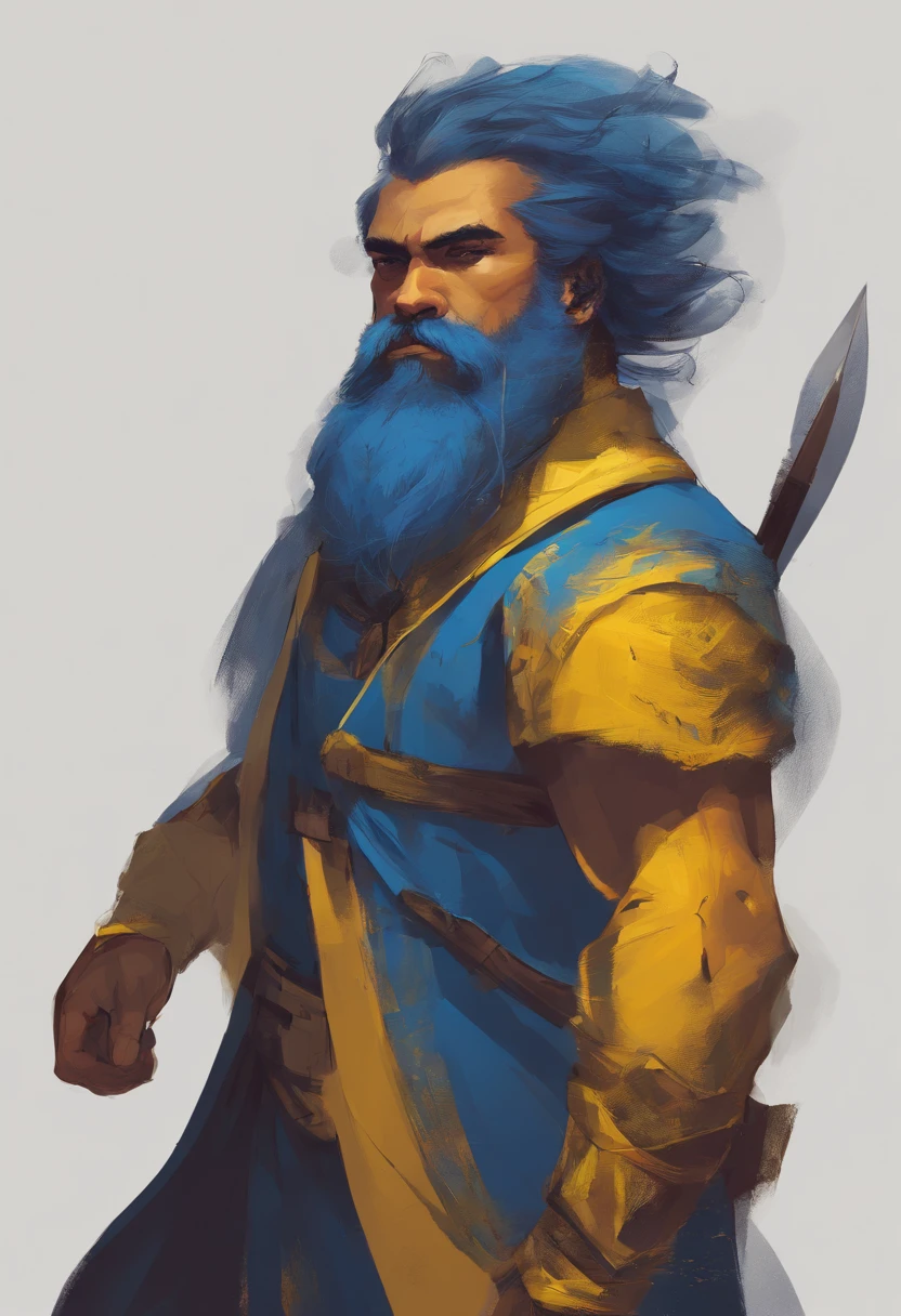 Barba longa, homem, azul e amarelo, ruas da cidade, cabelo cacheado, latino, brinco argola