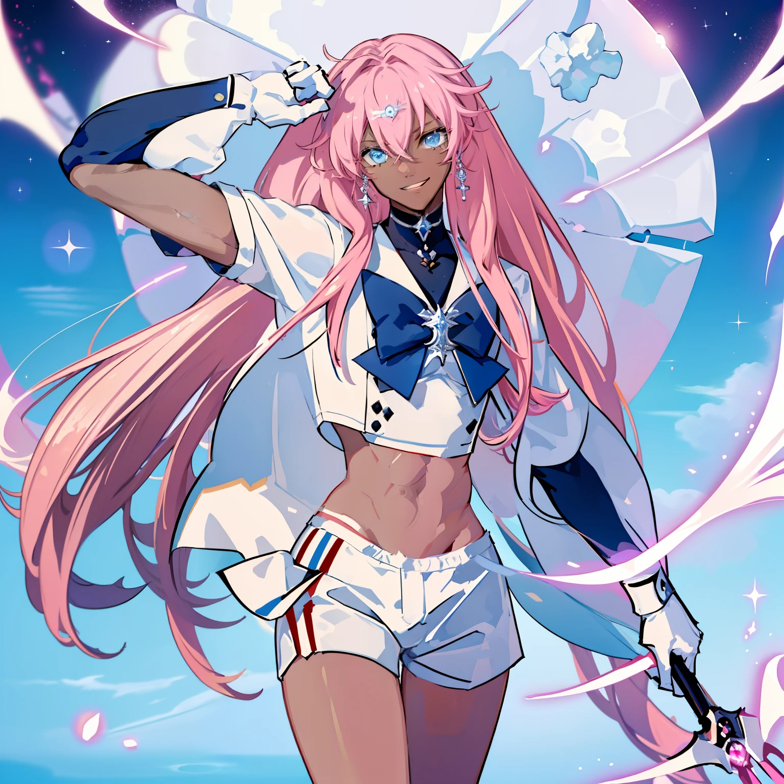 "Create a stunning artwork of a (( Beautiful,Man as hybrid of Sailor Moon with intricate details, vibrant colors, and dynamic poses, Smiling )), ((the Man has dark skin:1.4)) ,(( long white hair with Pink streaks ,)) and (( a Skimpy white and Pink Outfit with white shorts that shows his midriff)).incorporate elements of Sailor Moon's iconic outfit, such as the sailor collar and bow, while adding ((White Rock Shooter's unique style and attitude)), Carrying a Scythe,Show him in a powerful, Sexy and confident pose, Ensure the artwork is of the highest quality, with exquisite attention to detail and flawless execution.", sailor outfit