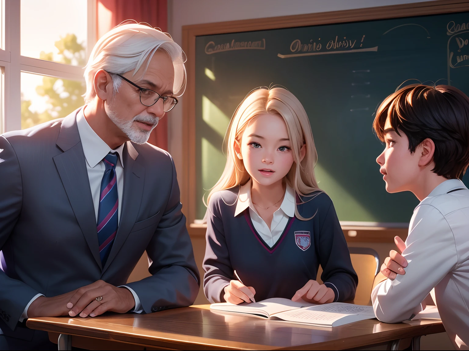 In bright classrooms,(An older male teacher discusses issues with two elementary school students in school uniform:1.5),Two schoolchildren quarrel with each other,The teacher's face is full of the vicissitudes of time,Full of silver hair,Watch your classmates laugh happily,The blackboard behind him was full of formulas,Sunlight shines through the window on the teacher's face,((Best quality, A high resolution, Masterpiece:1.2)), Clear facial features, Optimized details,8K,cinematic Film still from.
