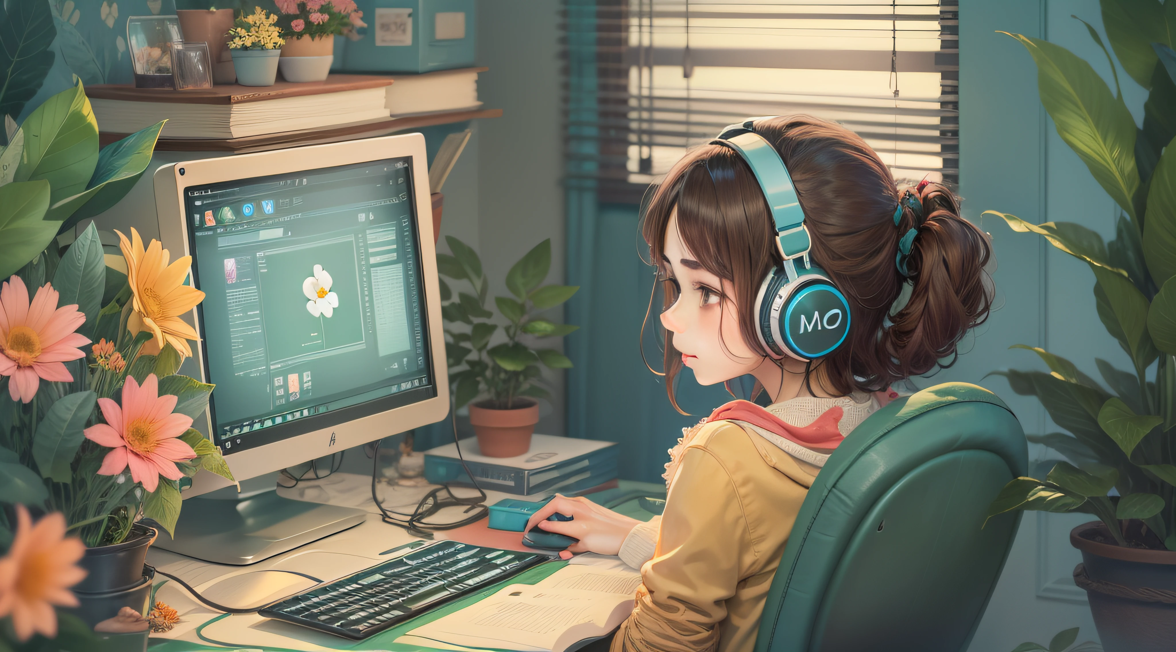 olhando para o computador, mulher, fone de ouvido, quarto, flores, lofi , sentada estudando e olhando para o computador, fone de ouvido, flores