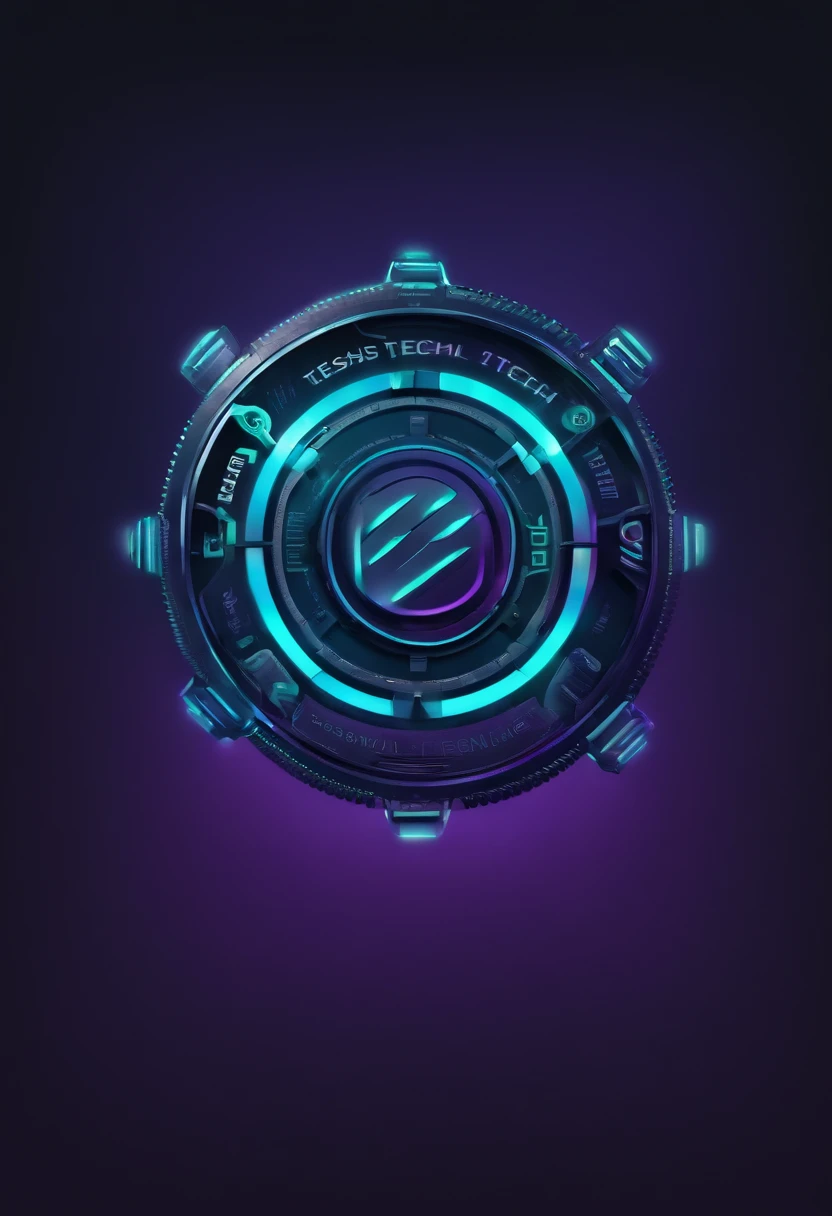 Design a logo for our technological product store, 'Essential Tech,' combining the name 'Essential Tech' with neon gradient colors in purple, lavender, blue, and emerald on a dark-themed background, featuring elements of gears and electronic devices.