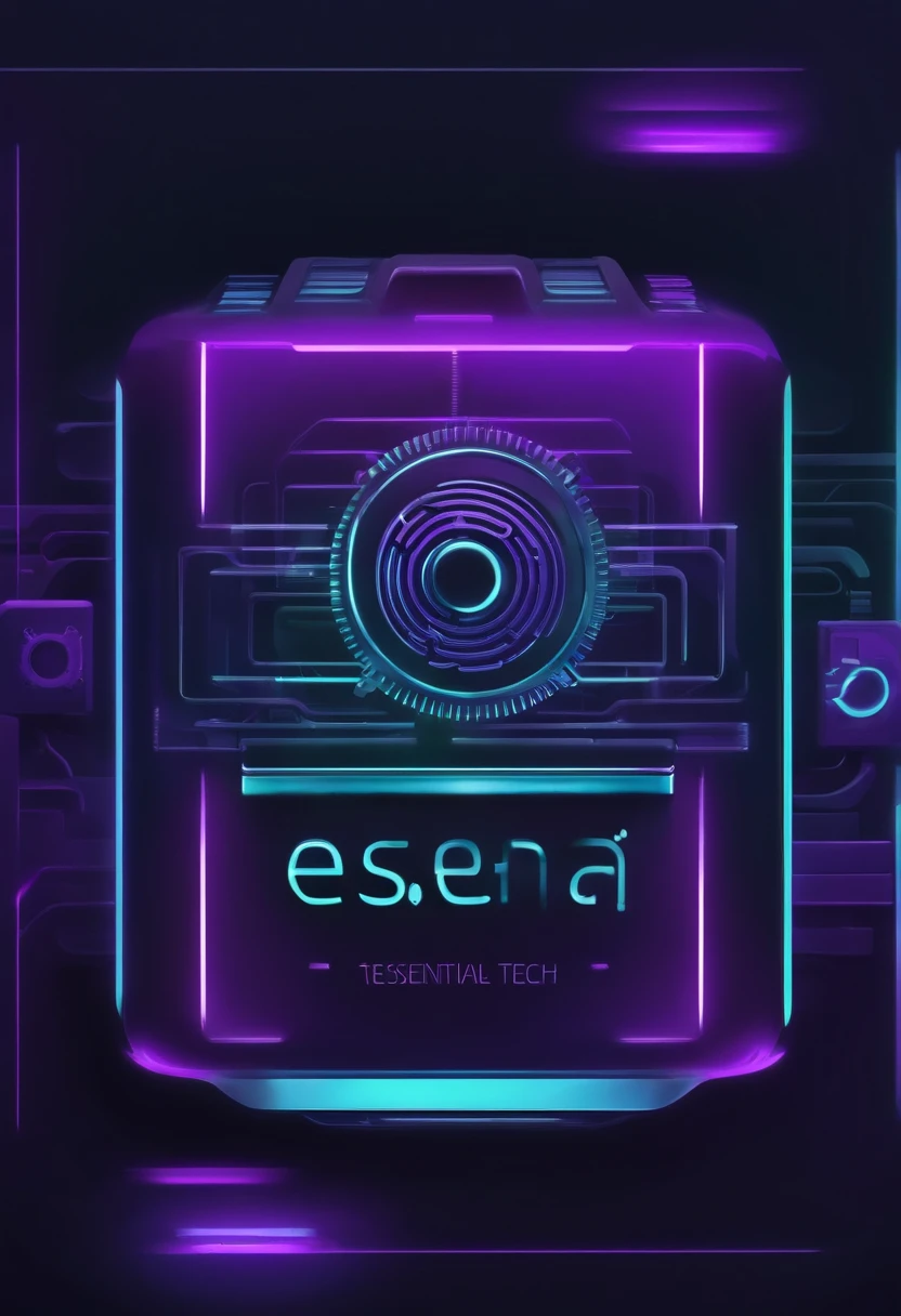 Design a logo for our technological product store, 'Essential Tech,' combining the name 'Essential Tech' with neon gradient colors in purple, lavender, blue, and emerald on a dark-themed background, featuring elements of gears and electronic devices.