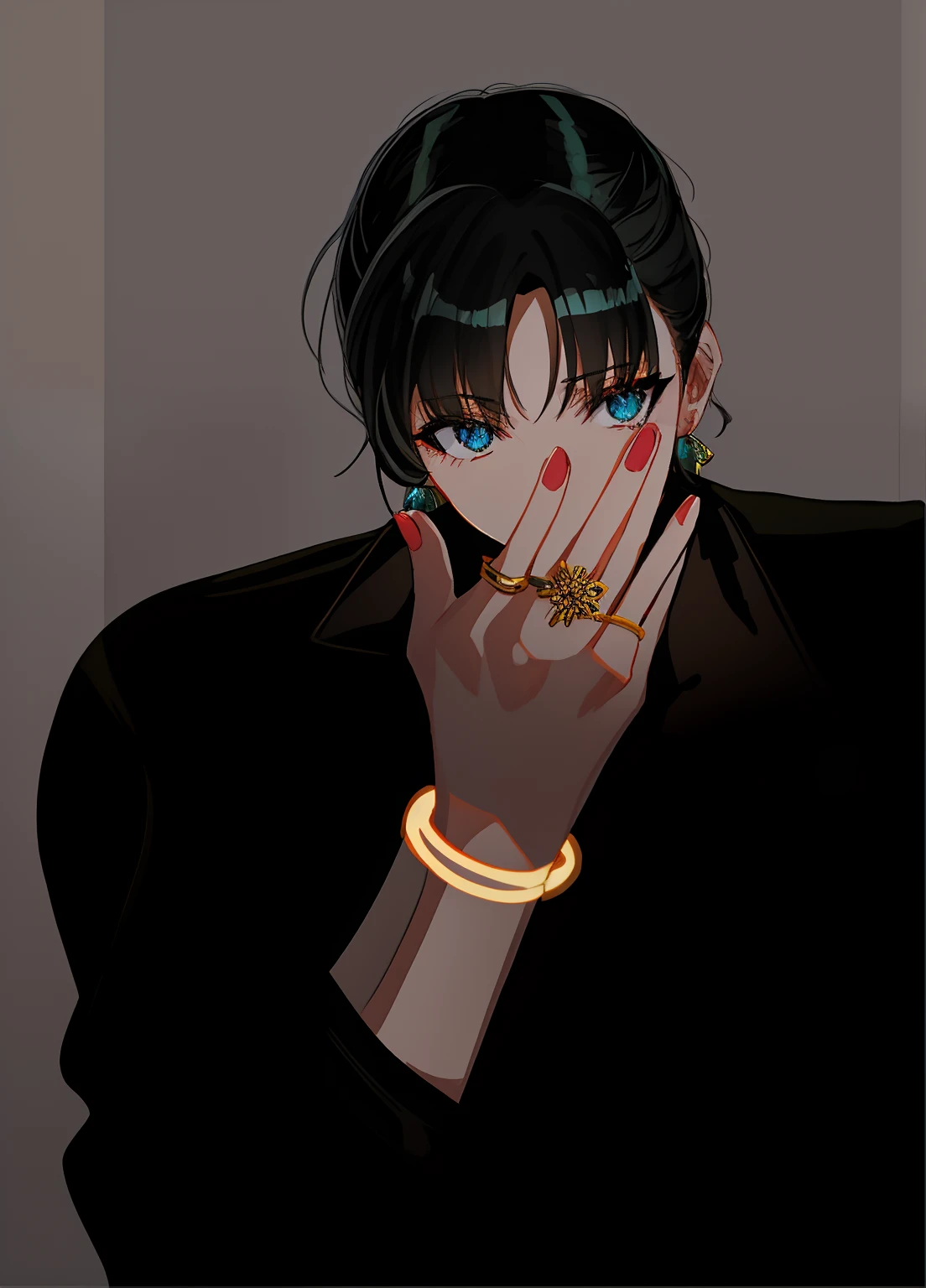a woman with a ring on her hand covering her face, Nice anime pose, mulher bonita anime, Estilo anime de Will Smith, Menina bonita na arte de Demon Slayer, ( ( pele escura ) ), estilo anime feminino personagem de anime feminino, Fanart de alta qualidade, Retrato anime de uma mulher bonita, Ela tem olhos de lobo roxos, cara de anime alto com olhos roxos, Com Olhos Brilhantes