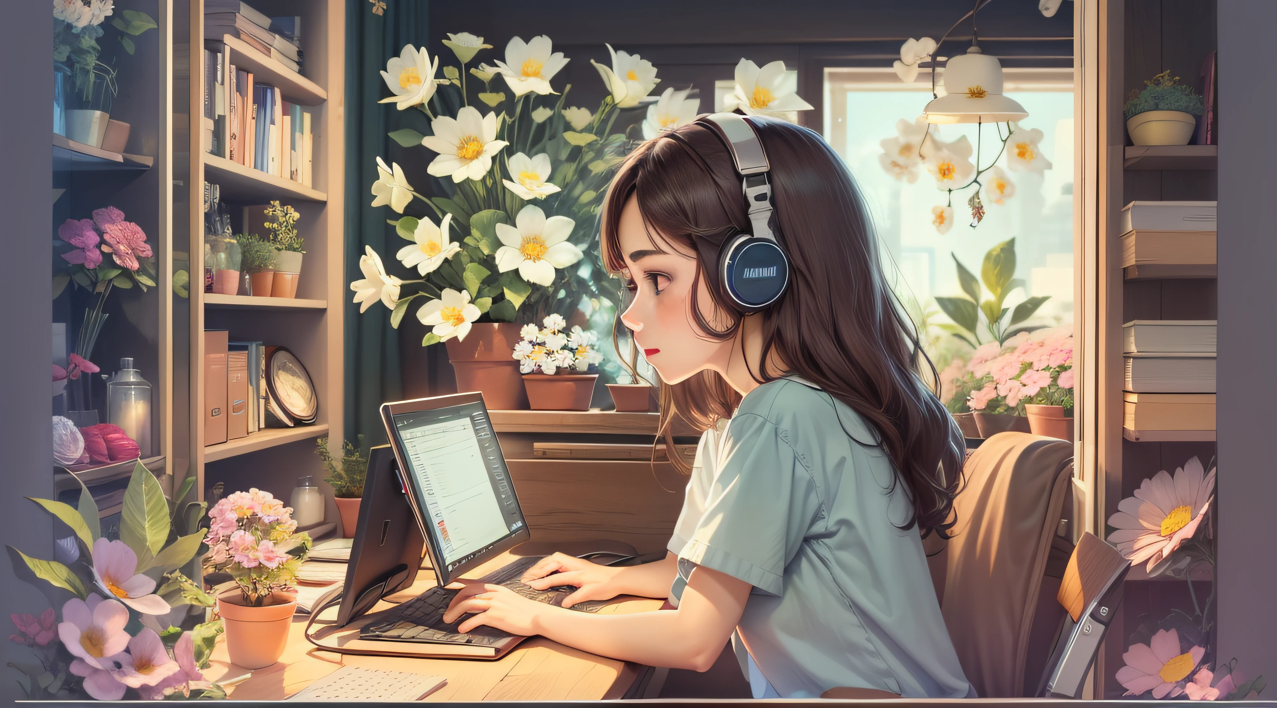 Create a cozy Lofi image featuring a girl sitting at a desk in a bedroom. The room should have warm lighting, with fairy lights hanging on the walls. The girl should be wearing headphones and listening to music while studying or working on something. There should be a cup of steaming tea or coffee on the desk, along with some notebooks and stationery. The overall atmosphere should be relaxed and peaceful, with a touch of nostalgia. Please ensure that the image has a resolution suitable for YouTube video usage. --auto --s2