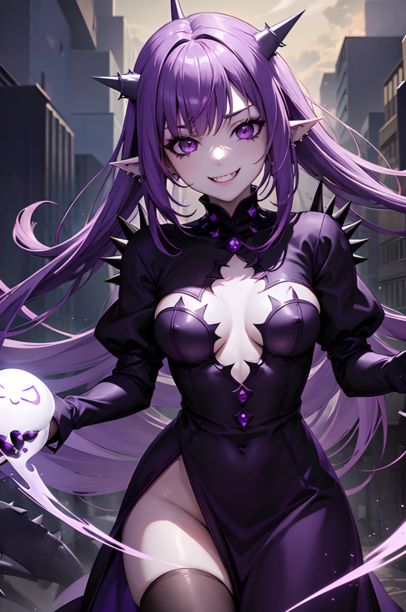 Nsfw, ghost, (Monster Girl), Purple skin, spikes, spiky purple hair, Fanged smile, floating hands, Wearing a dark purple dress, Floating in mid-air, masutepiece, Best Quality