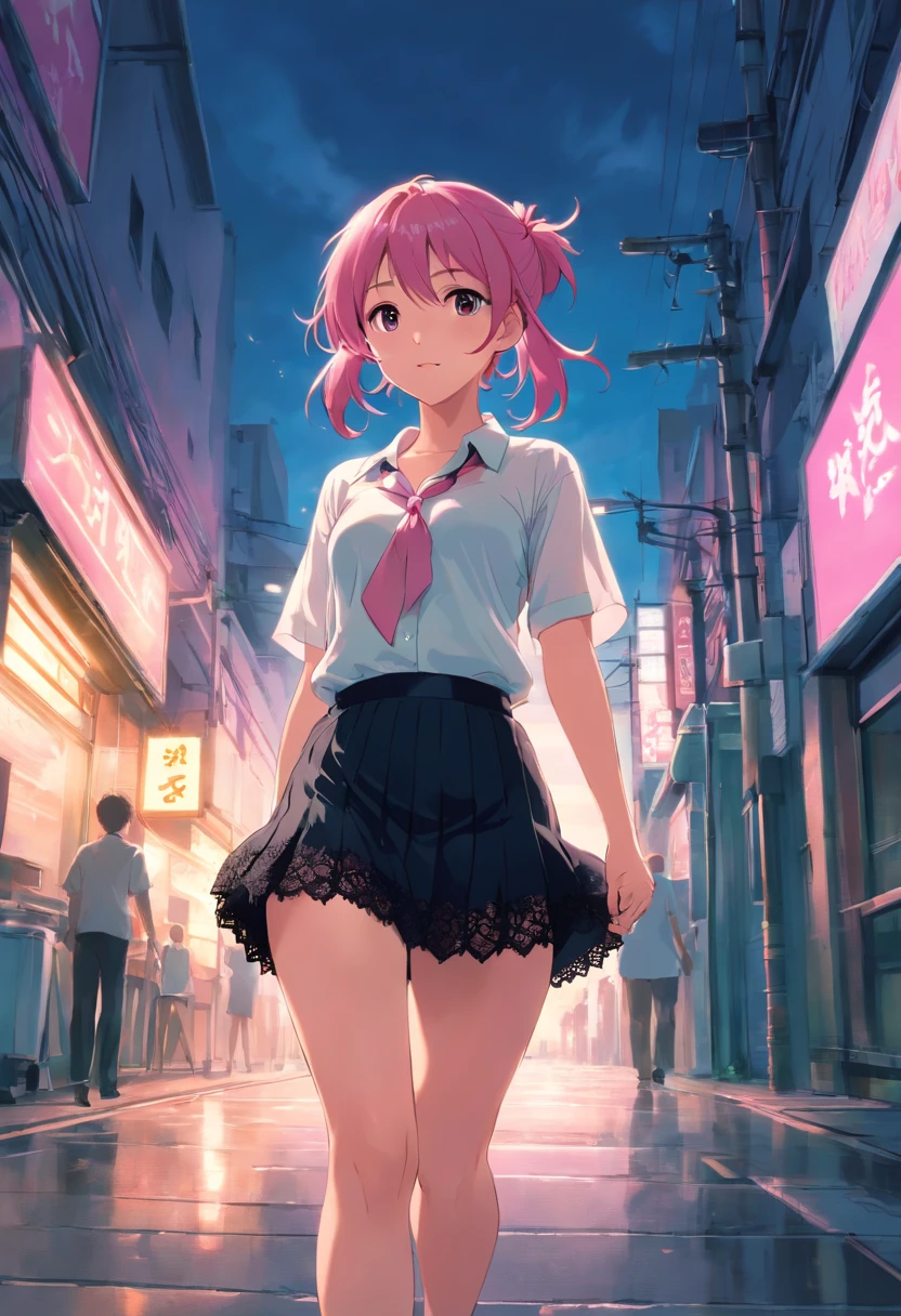 Girl with pink hair double ponytail,Black lace lingerie peeks through a white shirt,pleatedskirt,taking a walk