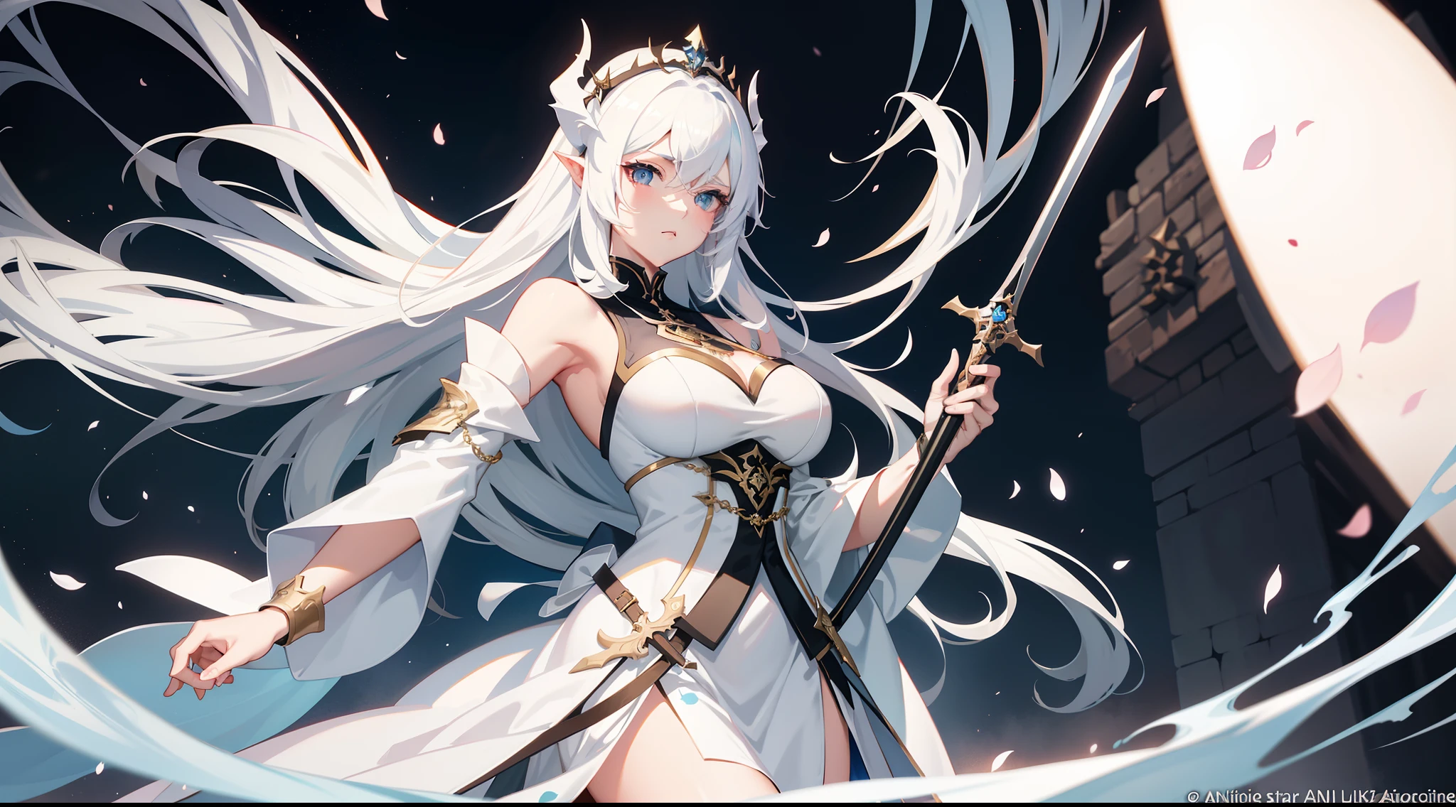 Anime - Stylistic image of a woman holding a sword in a white dress and a black cape, White-haired god, Guweiz in Pixiv ArtStation, From Arknights, Guweiz on ArtStation Pixiv, trending on artstation pixiv, tmasterpiece《Goddess of sorrow》, high detailed official artwork, 8K high quality detailed art, Succubus | medieval