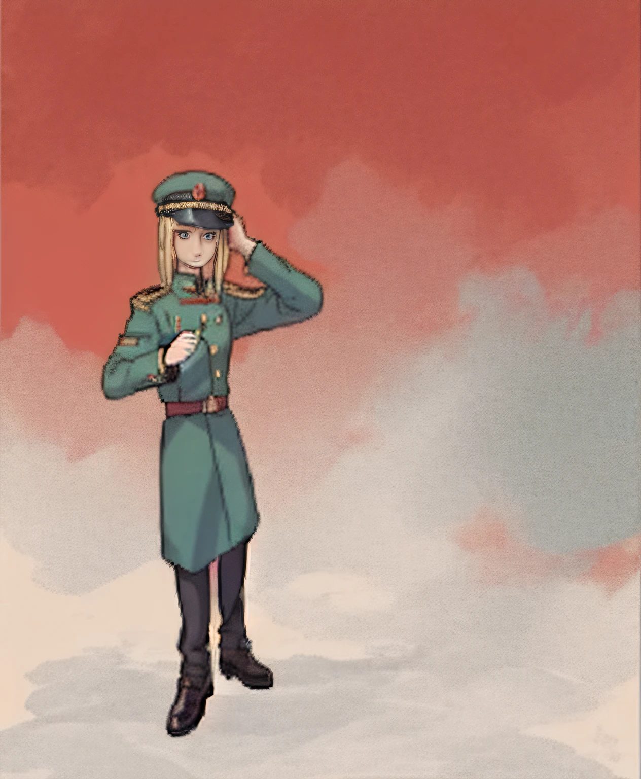 (best qualtiy:0.8),(best qualtiy:0.8),Perfect anime illustration,Soviet maiden with a commissar's hat,,a flat chest,Full set of strict Soviet military uniforms,Golden hair,Petite,full bodyesbian