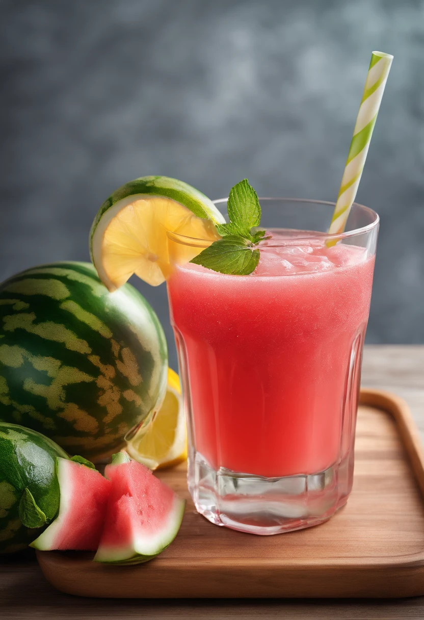 A glass of watermelon juice, pink, frozen effect, on a wooden tray, next to two lemons and mint leaves, green and red straws, super realistic food image, full theme shown in photo,, Randy Post , hyper realistic &quot;, hyper realistic&quot;, high res photo