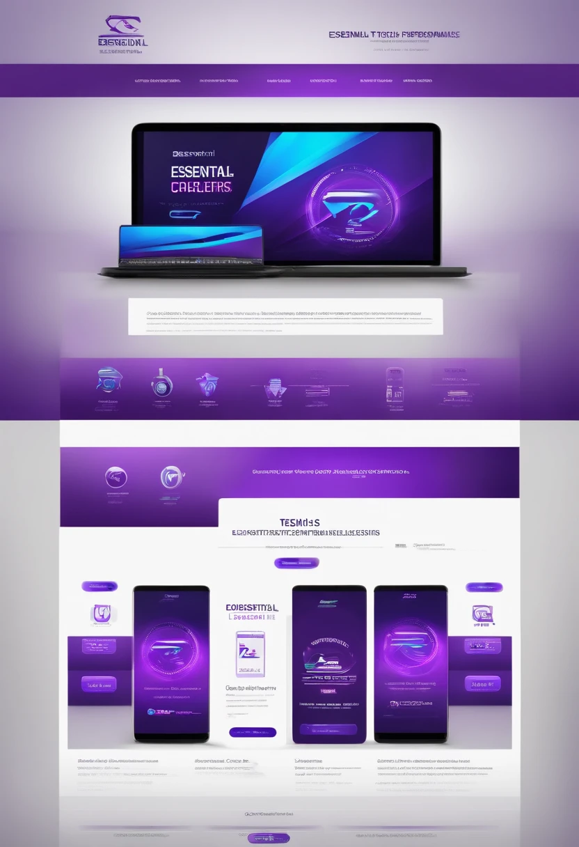 Draw an impactful logo for our high-performance electronics store, 'Essential Tech,' effectively blending the concepts of speed and technology with neon gradient colors in purple, lavender, blue, and emerald on a dark-themed background, prominently showcasing 'Essential Tech'.
