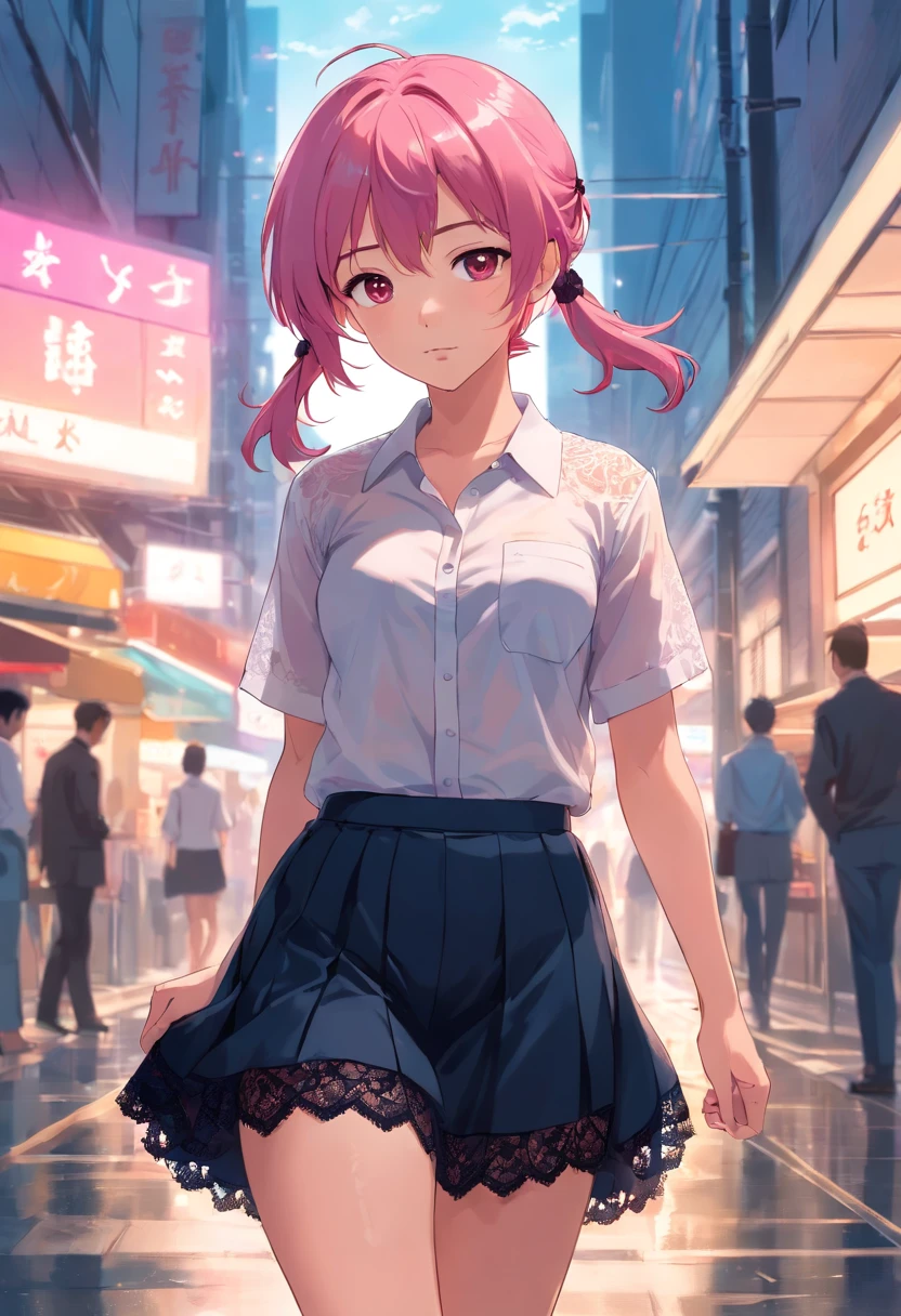 Girl with pink hair double ponytail,Black lace lingerie peeks through a soaked white shirt,pleatedskirt,taking a walk
