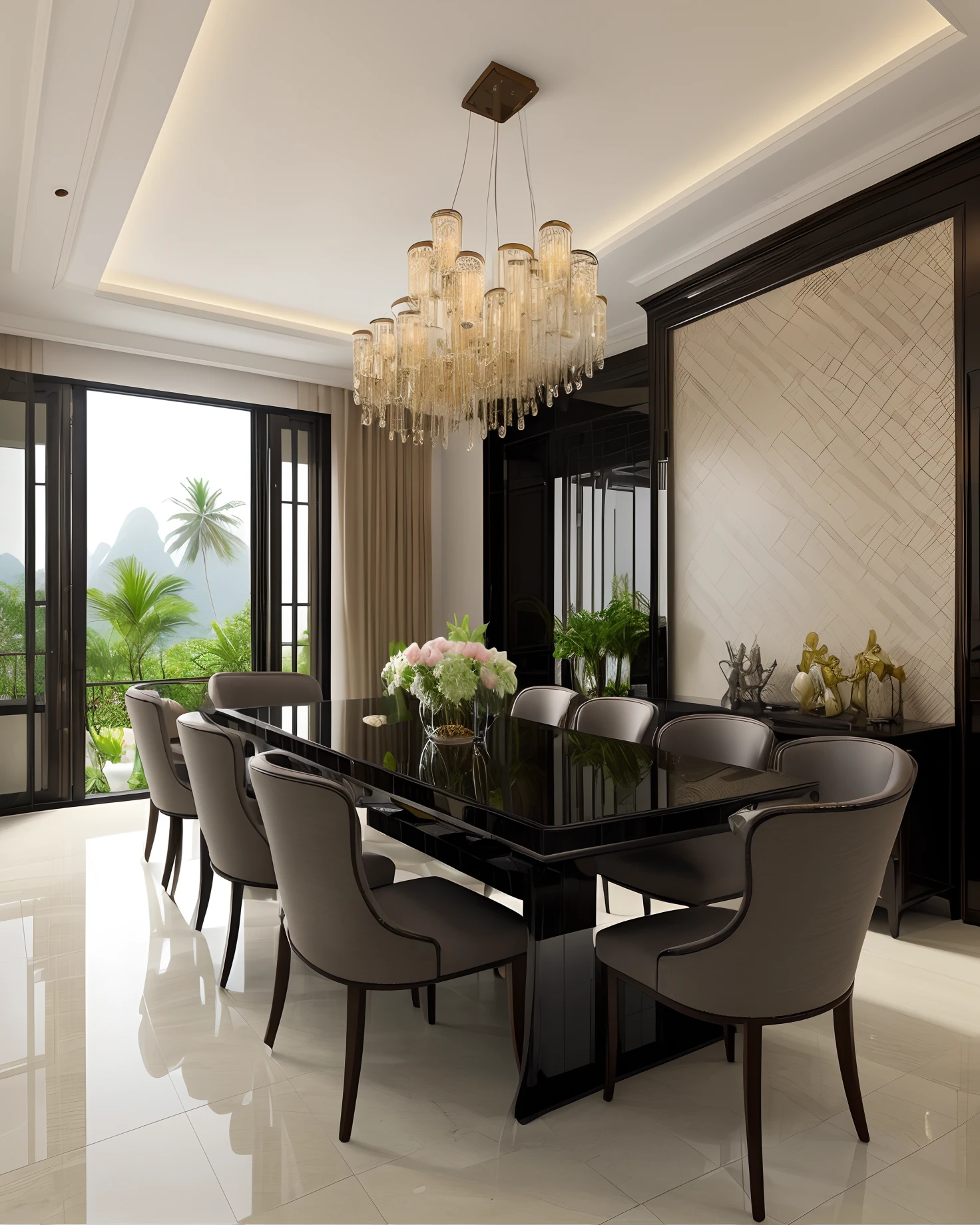 (( masterpiece)) (( ultral realistic)) (( sharp forcus)) (( high detail)) livingroom in indochina style,china , vietnam, black wooden furniture, wallpaper, patent,glossy, ceramic tiles floor,