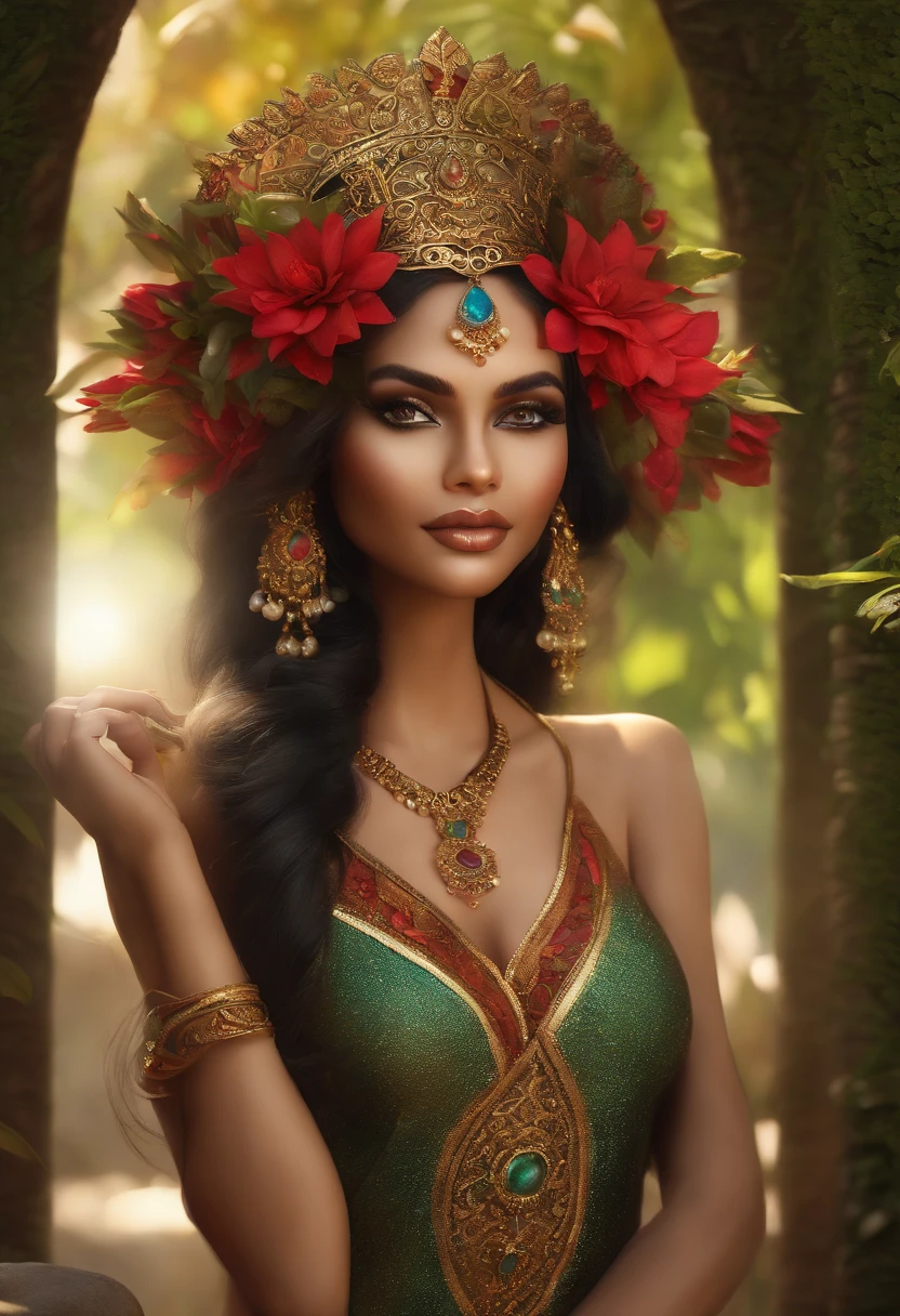 (a sexy goblin girl:1.1) in (harem inspired clothing:1.1), (detailed and mesmerizing:1.2) eyes, (gorgeous:1.1) long (eyelashes:1.1), (luscious:1.1) red (lips:1.1), (exquisite facial features:1.1) and (delicate:1.1) pointed ears. Her (mischievous:1.1) smile reveals a (playful:1.1) personality. The (intricate patterns:1.1) and (rich colors:1.1) of her clothing showcase (opulence:1.2) and (exoticism:1.1). She stands in a (lush:1.1) and (vibrant garden:1.1), surrounded by (exotic flowers:1.1) and (colorful foliage:1.1) that complement her attire. The (sunlight:1.1) filters through the leaves, casting (magical:1.1) (golden:1.1) (rays:1.1) on her (graceful:1.1) figure. The (atmospheric lighting:1.1) creates a (mysterious:1.1) and (alluring:1.1) ambiance. The overall image is of the (highest quality:1.2), with an (ultra-detailed:1.2) depiction, (photorealistic:1.37) textures, and (vivid:1.1) and (captivating:1.1) colors. The artistic style combines elements of (fantasy:1.1) and (fashion:1.1), resulting in a captivating and seductive composition.