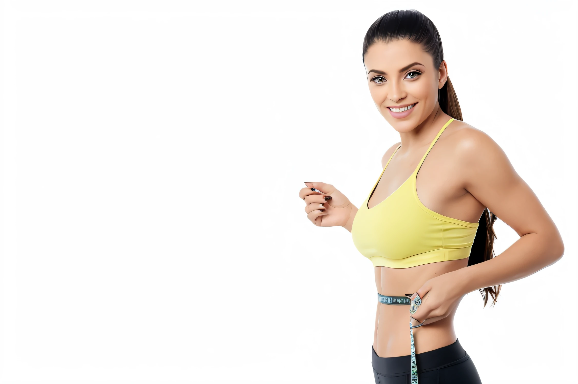 Arafed Mujer con un sujetador deportivo amarillo que mide su cintura, Mujer en forma, Figura delgada, cintura delgada, cintura delgada, Modelo con cuerpo atractivo, smaller waist, smaller waist, cintura delgada y caderas gruesas, con una cintura delgada, Forma tonificada, smooth body features, Recorte de medio cuerpo, La mujer es curva, Figura femenina delgada, Uso de crop top, cintura delgada
