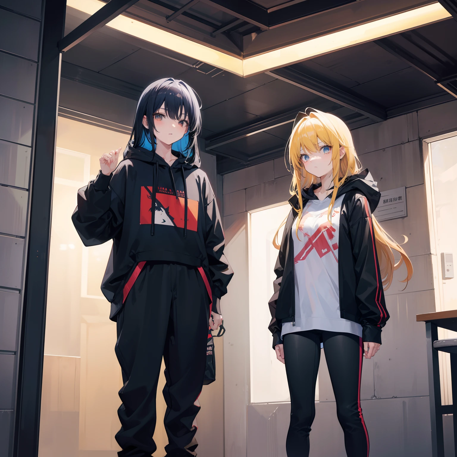 Generate an image of two cute anime girls, Yori and Aina, standing in front of each other and arguing at night in a hostel hall. Yori has beautiful long black hair and is wearing a brown leather jacket, a sports trousers, and a T-shirt of any color, and sneakers. Aina has beautiful long golden hair and is wearing a hoodie and jeans, and she has her hood down to keep her hair out of her face. They are both talking animatedly, and their faces are flushed with anger.