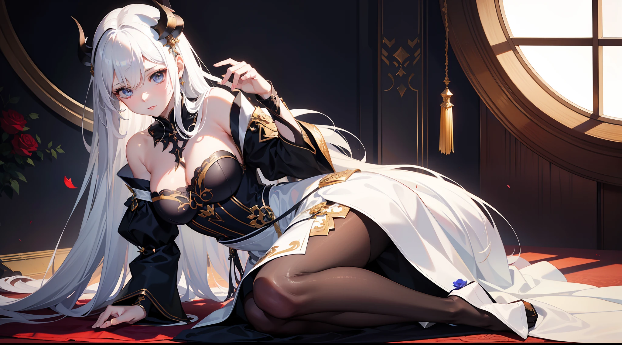 (a woman wearing a white dress and a black cloak holding a sword, white-haired goddess, Guweiz from Arknights at ArtStation Pixiv, popular on ArtStation Pixiv, the masterpiece "Sad Goddess", high-detailed official artwork, 8k high-quality detailed art, succubus | medieval)Anime illustration by Ohnny。 (best quality,4k,8k,highres,masterpiece:1.2),ultra-detailed,(realistic,photorealistic,photo-realistic:1.37),Gothic style anime girl with long black hair sitting on gorgeous red carpet。She has fair skin,Deep eyes,Those big eyes reveal mystery and determination。She has a delicate and cute nose,Lips are soft and plump。She wears gorgeous Gothic costumes,There are delicate patterns on the clothes,The collar and cuffs are trimmed with lace。She held an old book in her right hand,The book exudes a mysterious light。Her left hand rested on the carpet,Show a confident gesture like a queen。There are also scattered rose petals and candles on the carpet,Creates a romantic atmosphere。On the background wall hangs Guweiz's work on Pixiv and ArtStation,Showcasing his masterpieces。The whole picture presents the unique style of Guvitz,The details are very fine,The colors are vivid and rich,The picture is very realistic。The light shone through the window on the girl,It adds a touch of mystery to the whole picture。The whole work looks like a beautiful and enchanting demon queen from anime。