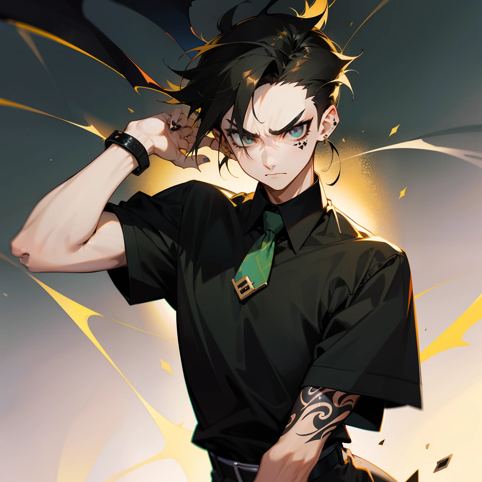 Man in shirt and tie, Male Focus, a belt, Black shirt, The tattoo, Short sleeves , Short hair, Black Short Sleeve Polo Shirt, Green tie, Black pants, punk, Raised eyebrows, Floppy bangs, Spiky back hair, Gold highlights on bangs, Undercut , Simple black earrings, devil, Bat, Angry face, Black nails, arm tattoos, big eye, Black Eye Makeup, Wearing hair on the ears, Forehead, ssmile, wrist watch, Black Bangle, Square Thailand