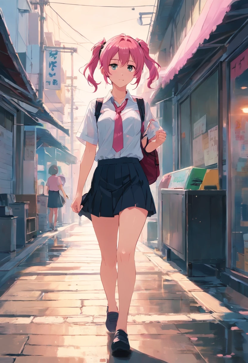 Girl with pink hair double ponytail,Black lace lingerie peeks through a soaked white shirt unbuttoned,pleatedskirt,taking a walk,Red backpack