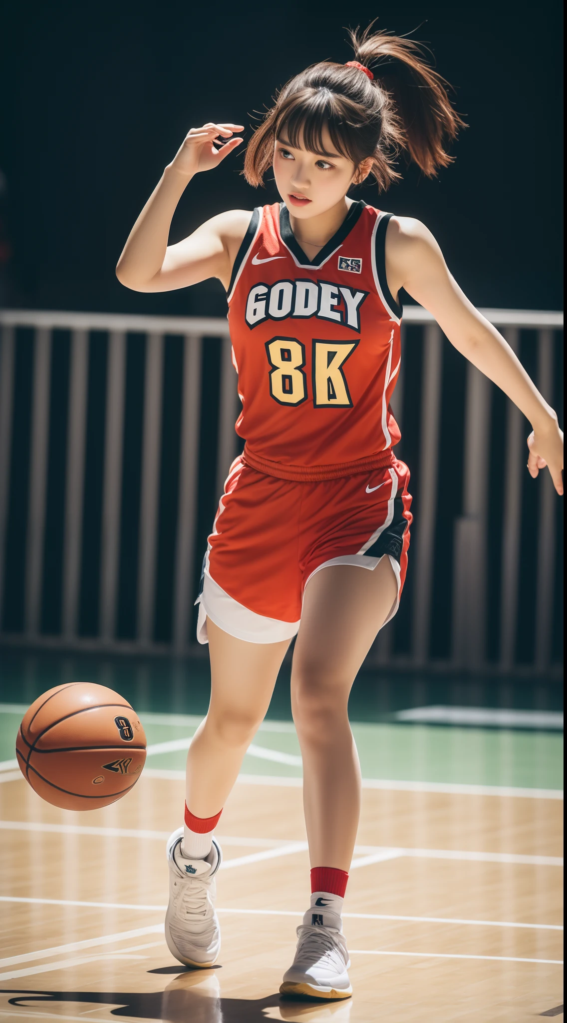 ((8k:1.27), best quality, masterpiece, golden ratio, ultra highres:1.2) Photo of cute idol girl
 (beautiful:1.1) (sci-fi warrior woman:1.1), cute asian girl, 16 years old, fantasy, detailed, sport photography, Hasselblad camera, depth of field, short hair, pixie haircut, random hair color, solo girl, 1 girl, white
skin, big breast: 1.5, rounded breast, chubby body, full body photography, basketball jersey, basketball play, basketballball, basketball shoot, hold basketball, red basketball shoes