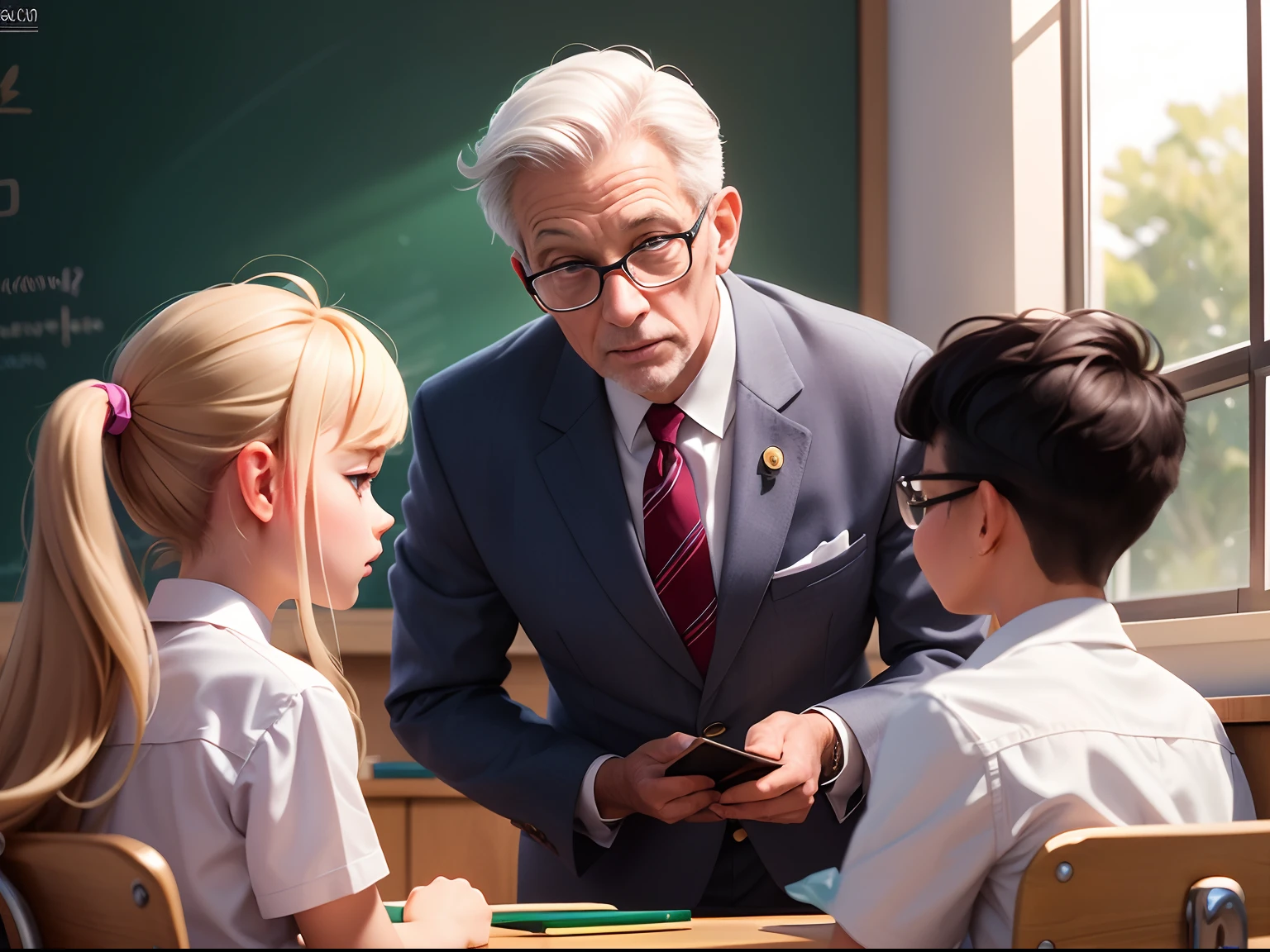 In bright classrooms,(An older male teacher discusses issues with two students wearing school uniforms:1.5),Two schoolchildren queach other,The teacher's face is full of the vicissitudes of time,Full of silver hair,Watch your classmates smile toothyly,The blackboard behind him was full of formulas,Sunlight shines through the window on the teacher's face,((Best quality, A high resolution, Masterpiece:1.2)), Clear facial features, Optimized details,8K,cinematic Film still from.