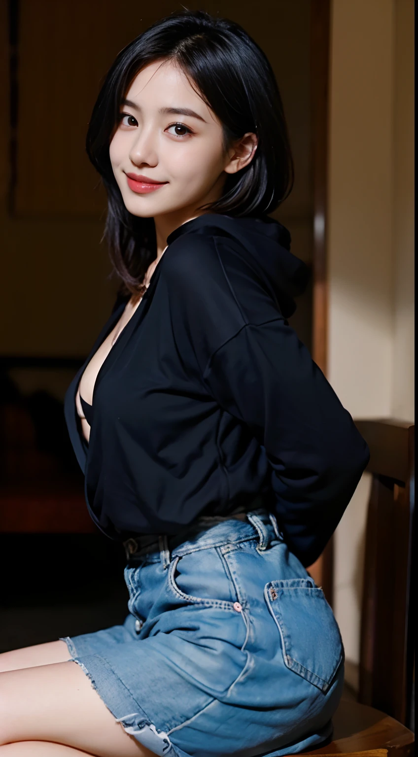 ((Best quality, 8K, Masterpiece :1.3)), (Realistic, Photorealistic:1.4),Pretty Women with Perfect Figure :1.4, (Medium breasts), Beautiful, Smile, see through clothing,Naked hoodie, (Bright:1.4), Pretty woman, (Highly detailed face:1.2),cleavage, blown hair, jaw dropping, Bob, Sitting, Tight waist,  Detailed eyes, 二重まぶた, japanese beautiful woman, arms back behind,