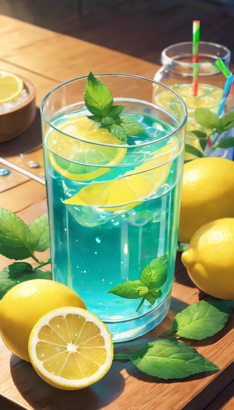 a glass of lemon juice、bloo、Refrigeration effect、On a wooden tray、Two lemons and mint leaves、Next to the green and red straws、Ultra-realistic food images、Complete theme shown in the picture、Randy Post、surrealistic」、surrealistic"、high-resolution photo