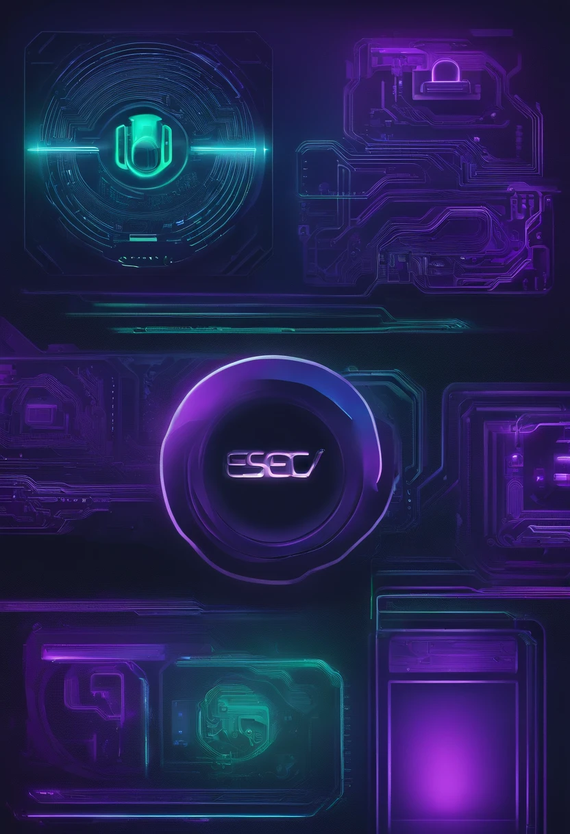 Imagine a logo for our tech accessory store, 'Essential Tech,' that skillfully integrates neon gradient colors in purple, lavender, blue, and emerald on a dark-themed background, along with elements of electronic circuits to convey the idea of connectivity