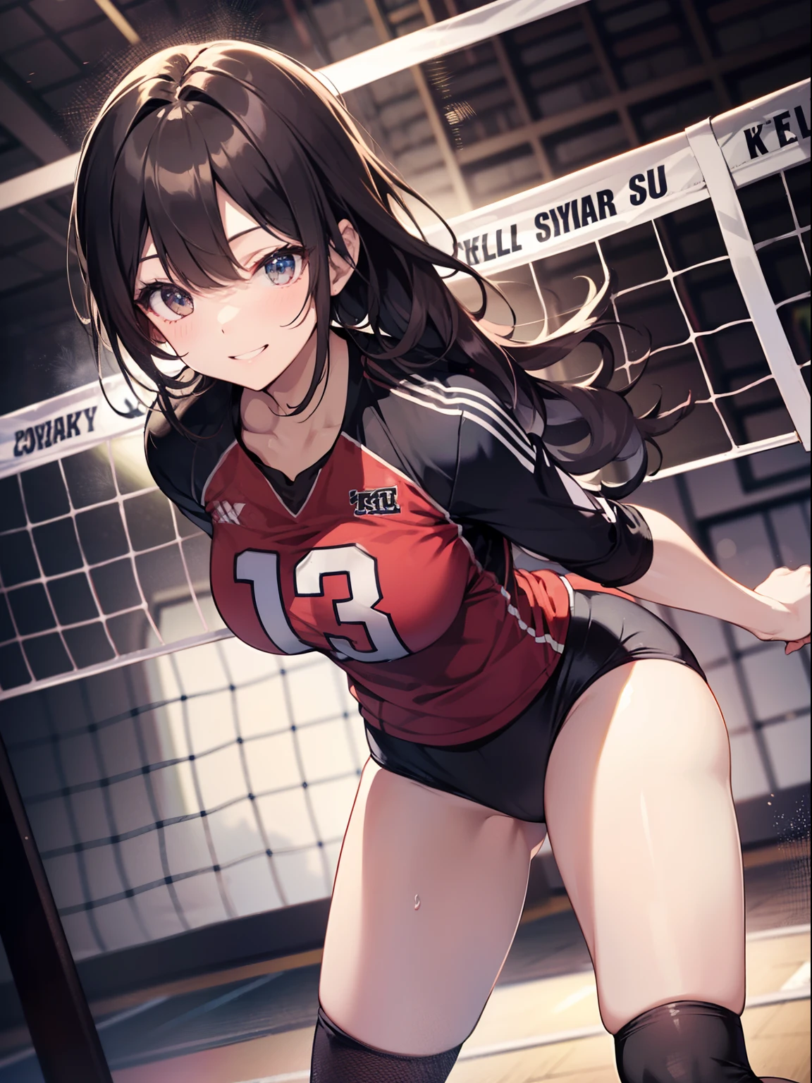 masutepiece、Best Quality、Illustration、 ultra-detailliert、hight resolution、8K Wallpapers、Perfect dynamic composition,、Beautiful detailed eyes、(Black Volleyball Uniforms:1.3)、Black bloomers、Brown hair、Medium Hair、(Beautiful Large Breasts:1.3)、Natural Color Lip、Bold sexy poses、Smile、20 years girl、Cute、Beautiful sister、Sexy shot looking at camera、Gymnasium、Volleyball Court