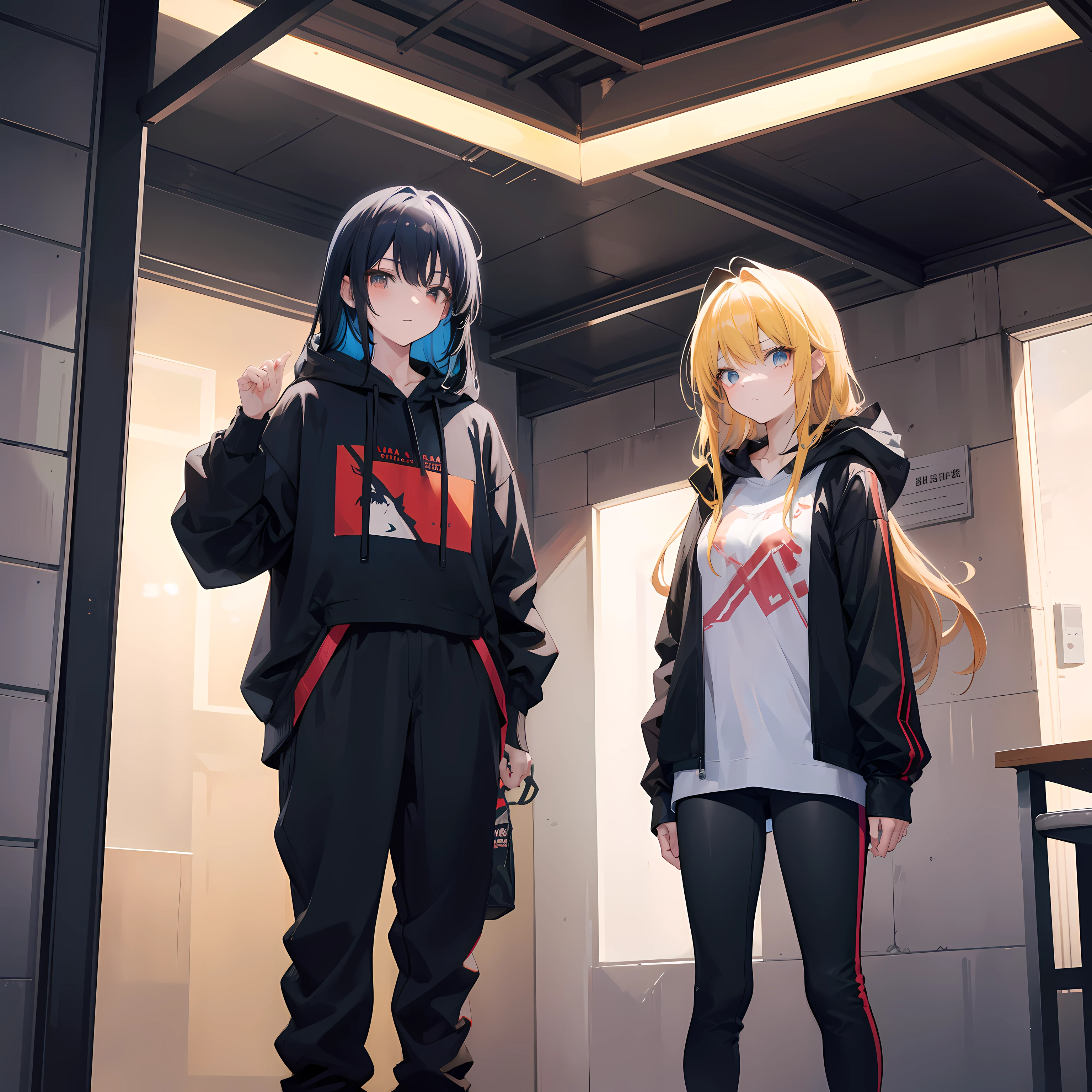 Generate an image of two cute anime girls, Yori and Aina, standing in front of each other and arguing at night in a hostel hall. Yori has beautiful long black hair and is wearing a brown leather jacket, a sports trousers, and a T-shirt of any color, and sneakers. Aina has beautiful long golden hair and is wearing a hoodie and jeans, and she has her hood down to keep her hair out of her face. They are both talking animatedly, and their faces are flushed with anger.