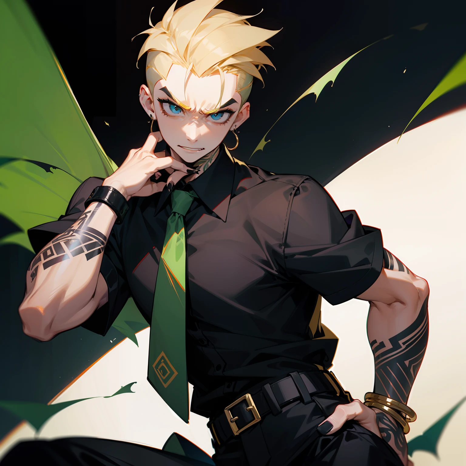 Man in shirt and tie, Male Focus, a belt, Black shirt, The tattoo, Short sleeves , Short hair, Black Short Sleeve Polo Shirt, Green tie, Black pants, punk, Raised eyebrows, Floppy bangs, Spiky back hair, Gold highlights on bangs, Undercut , Simple black earrings, devil, Bat, Angry face, Black nails, arm tattoos, big eye, Black Eye Makeup, Wearing hair on the ears, Forehead, ssmile, wrist watch, Black Bangle, Square Thailand