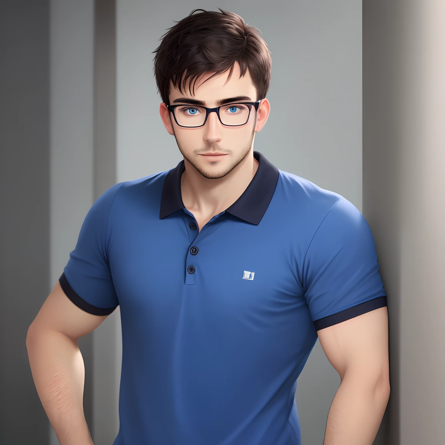 26 year old. 1 man. Square face. Light stubble. Goatee. Short dark hair. Blue eyes. Rectangular small glasses with frames only on top. Average nose. Polo shirt. Professional background. Square jawline.