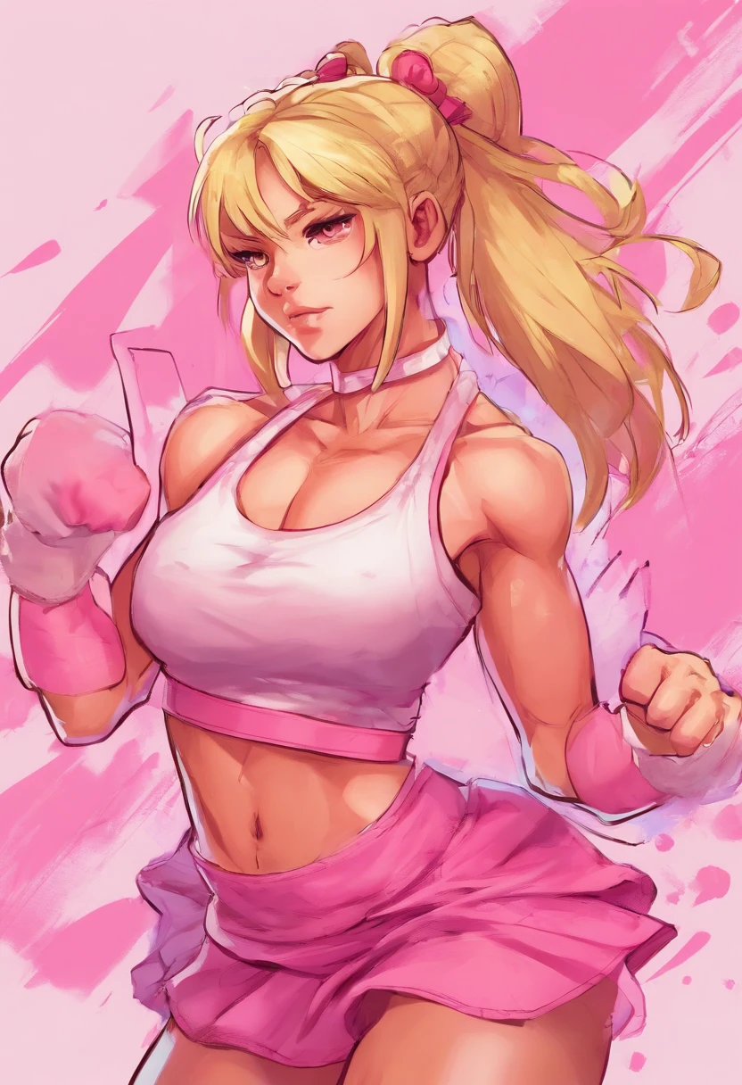muscular female with blonde pigtails wearing thigh high socks and a pink frilly skirt with gym top on