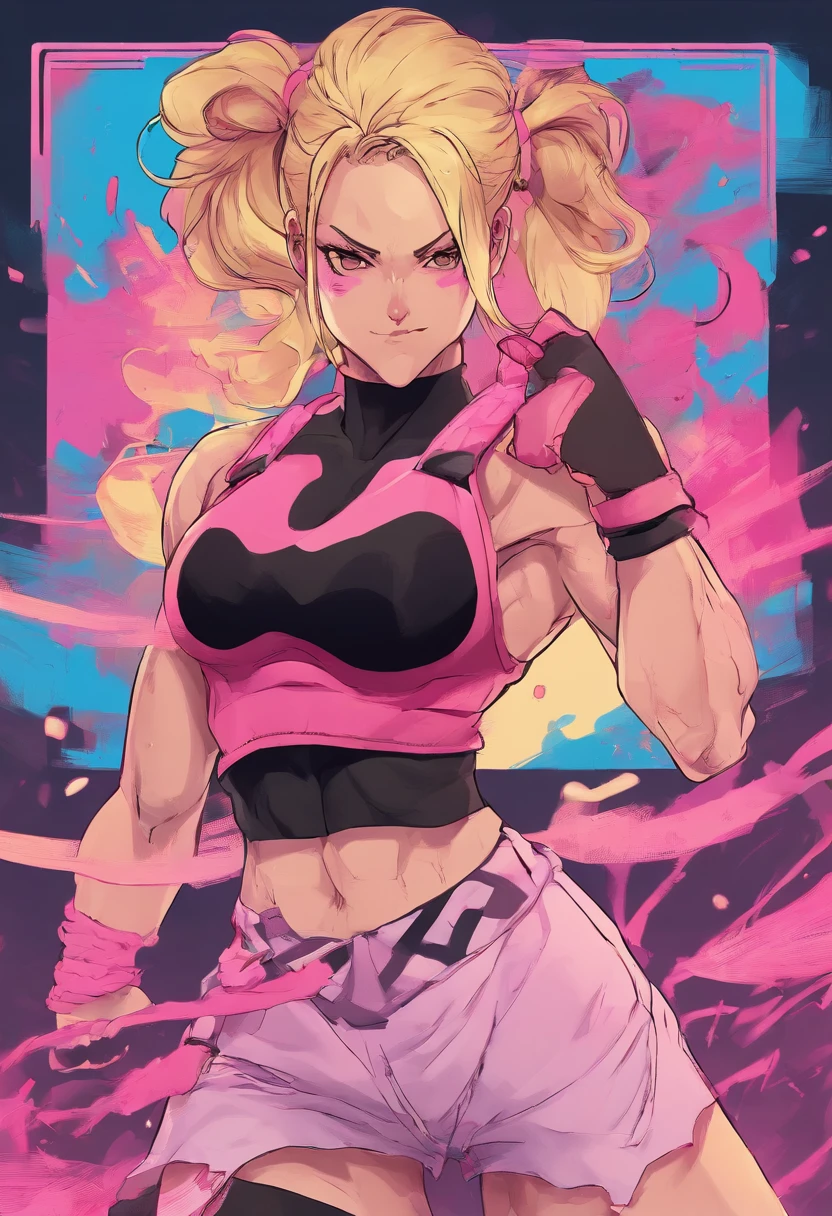 muscular female with blonde pigtails wearing thigh high socks and a pink frilly skirt with gym top on