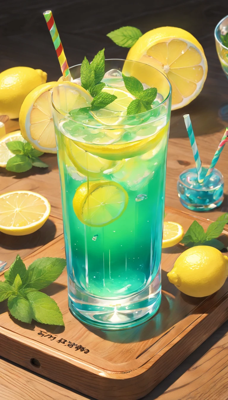 a glass of lemon juice、bloo、Refrigeration effect、On a wooden tray、Two lemons and mint leaves、Next to the green and red straws、Ultra-realistic food images、Complete theme shown in the picture、Randy Post、surrealistic」、surrealistic"、high-resolution photo