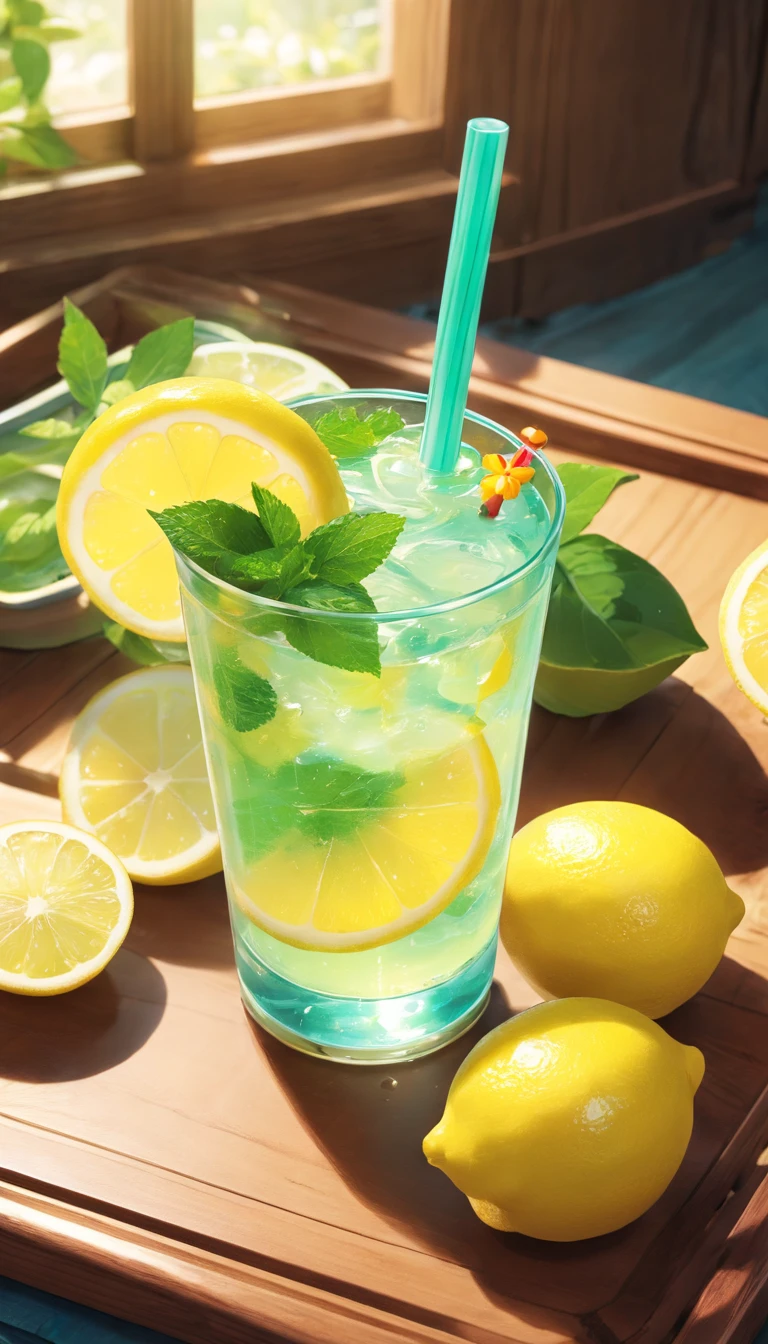 a glass of lemon juice、bloo、Refrigeration effect、On a wooden tray、Two lemons and mint leaves、Next to the green and red straws、Ultra-realistic food images、Complete theme shown in the picture、Randy Post、surrealistic」、surrealistic"、high-resolution photo