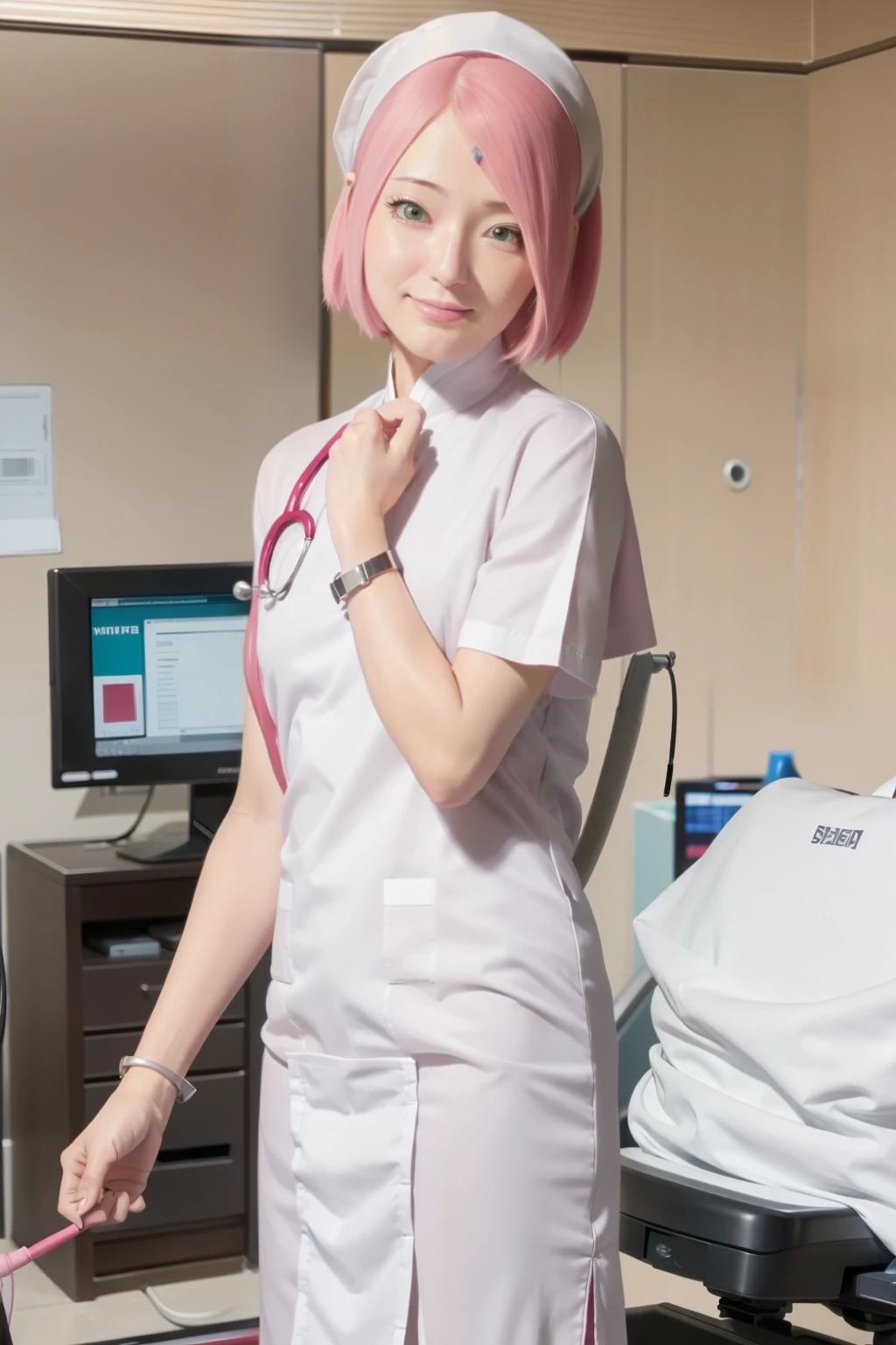 Sakura uchiha. A woman doctor was standing in the operating room. He looked like he was wearing a white doctor's uniform. Full white glove. And a stethoscope on his shoulder. She had short pink hair. Straight up. Unraveling. No strings attached. He also had a white as snow. With her rosy cheeks. And those little red lips. He seemed to smile gently. Look at the camera. She looks so beautiful and realistic