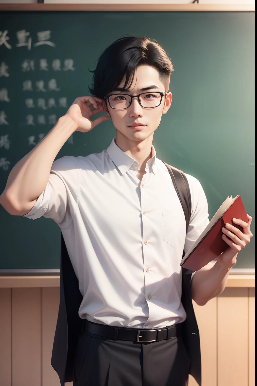 A Chinese male teacher, standing in front of the blackboard, wearing glasses, holding a book, many students