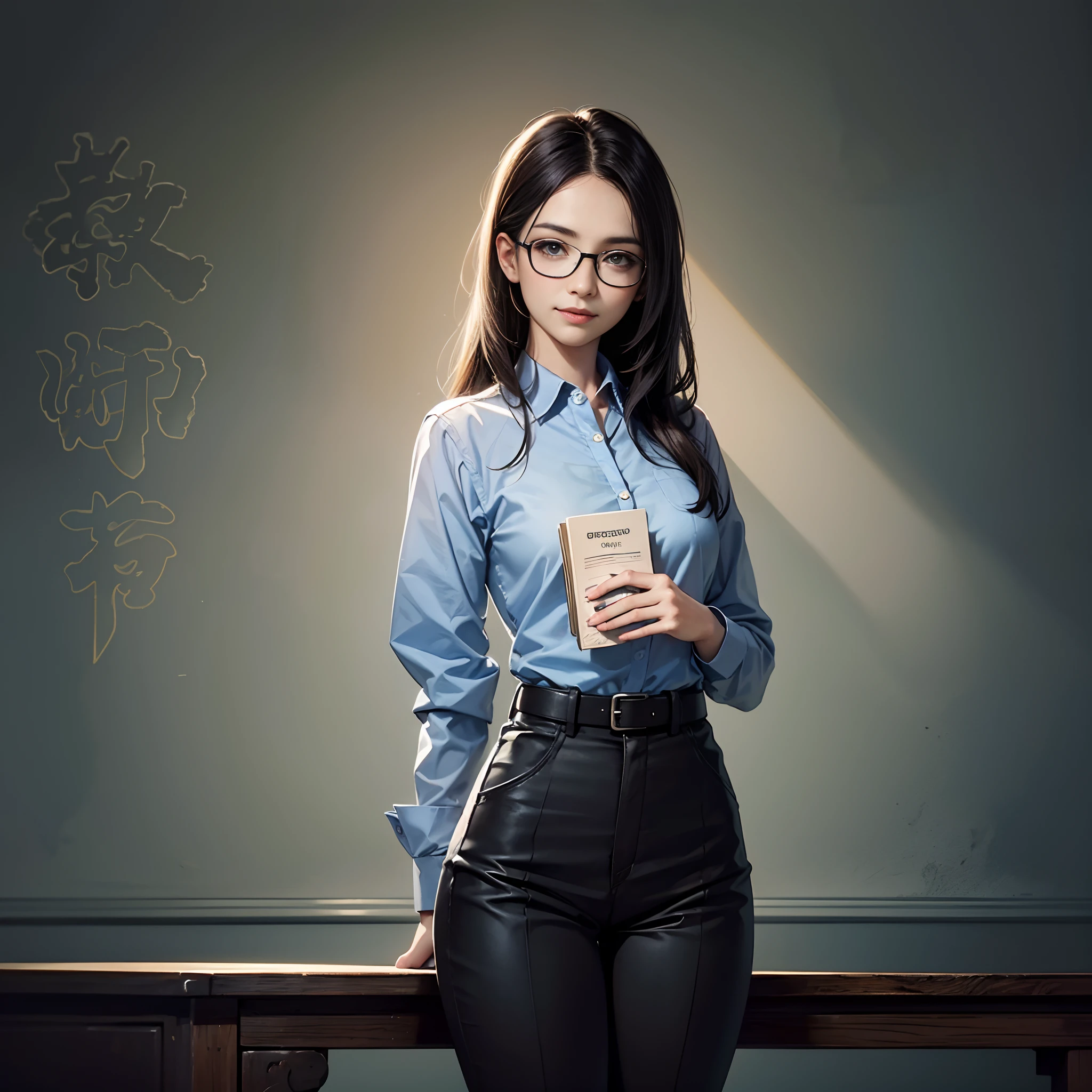 Close-up of painting style, ultra-high-definition 8K, masterpiece-level CG wallpaper, excellent light source, female teacher, wearing glasses, beautiful and exquisite face, brilliant eyes, wearing light blue print long-sleeved shirt, trouser belt, long trouser shape, holding a book, smiling, dignified posture, standing on the classroom podium, fashion illustration.