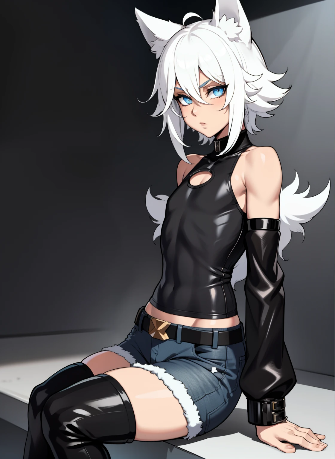 Single boy, Anime Femboy, Short, Long white hair, dog ears, blue eyes, short jeans, thigh high socks, black combat boots, open black jacket, flat chest, super flat chest, tank top, solo femboy, only one femboy