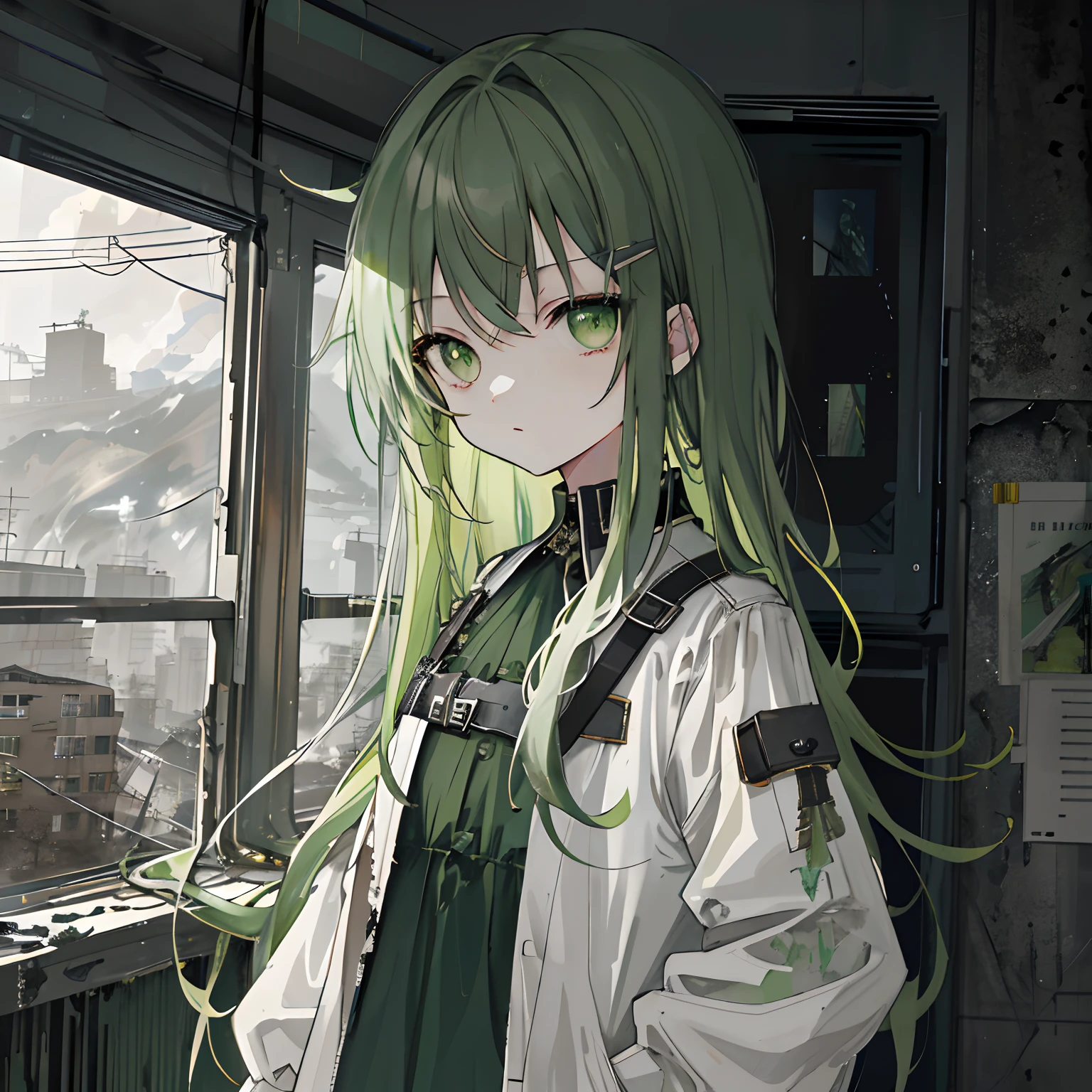 ​masterpiece、top-quality、「Against the backdrop of a collapsed city、Girl with green long hair and green eyes、Wearing rough mint clothes、Wear military fashion、Create images with a grunge-like atmosphere。Use gray as a secondary color、Add dirty textures and wall cracks、Sharpen imperfect shapes, Irregular lines and grunge。」