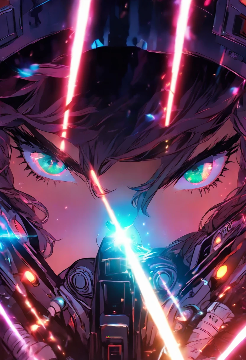 Sci-fi image, intricately detailed photograph of a woman starfighter pilot, ((glowy eyes)), ((laser shots in the space)), advanced technology, cockpit view, holographic glow, light particles, x-wing, hyperdetailed skin, defiant gaze shot on dslr camera, shot by MSchiffer, 32k resolution, best quality