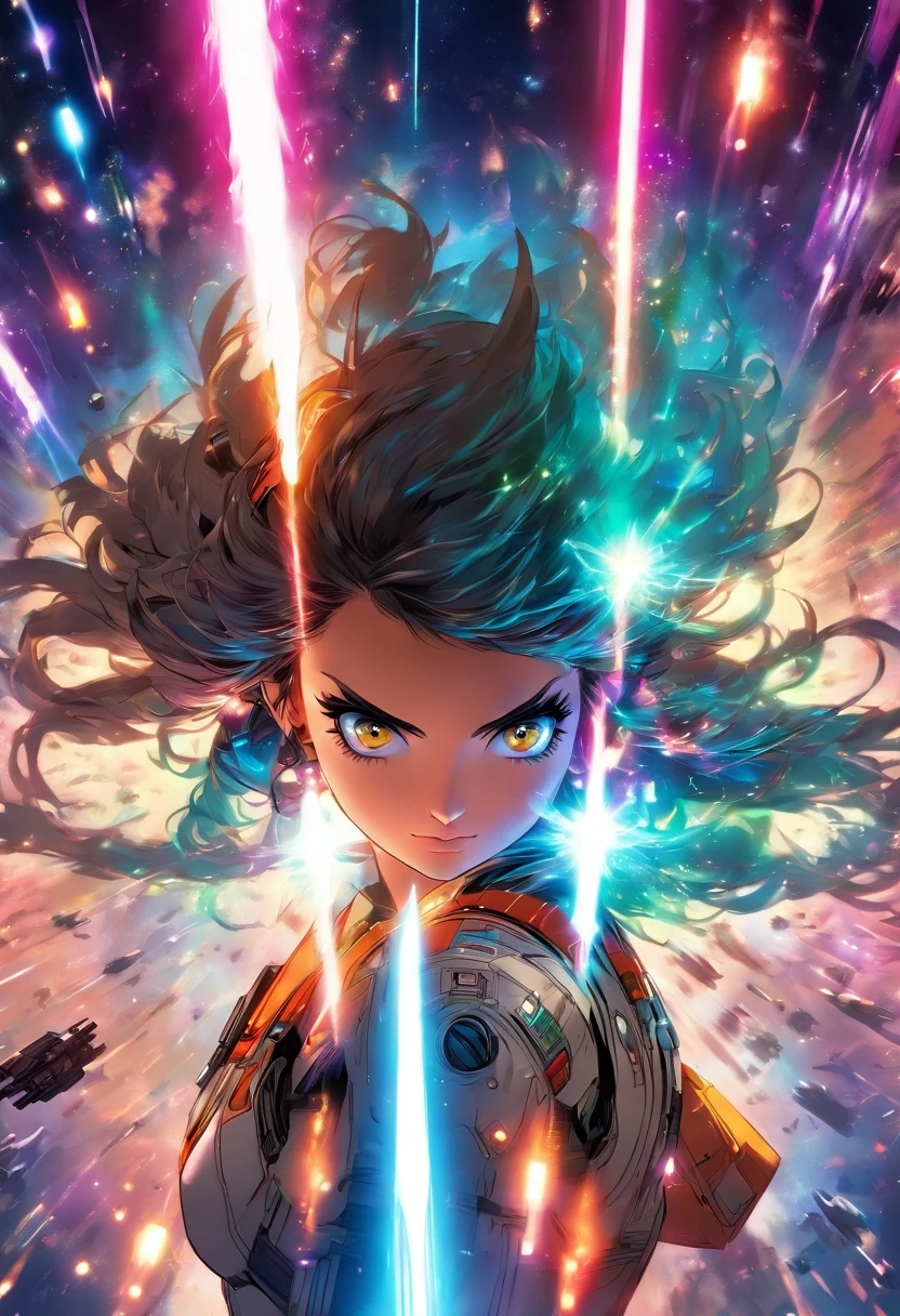 Sci-fi image, intricately detailed photograph of a woman starfighter pilot, ((glowy eyes)), ((laser shots in the space)), advanced technology, cockpit view, holographic glow, light particles, x-wing, hyperdetailed skin, defiant gaze shot on dslr camera, shot by MSchiffer, 32k resolution, best quality