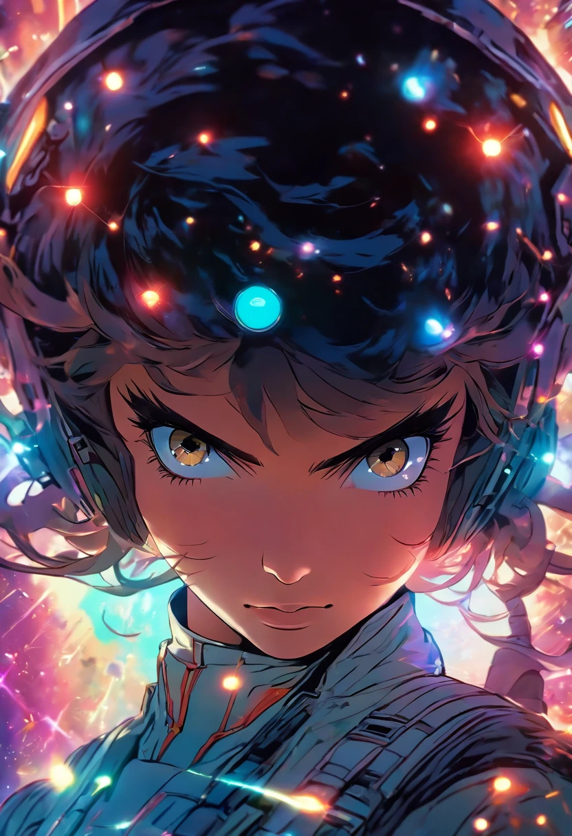 Sci-fi image, intricately detailed photograph of a woman starfighter pilot, ((glowy eyes)), ((laser shots in the space)), advanced technology, cockpit view, holographic glow, light particles, x-wing, hyperdetailed skin, defiant gaze shot on dslr camera, shot by MSchiffer, 32k resolution, best quality