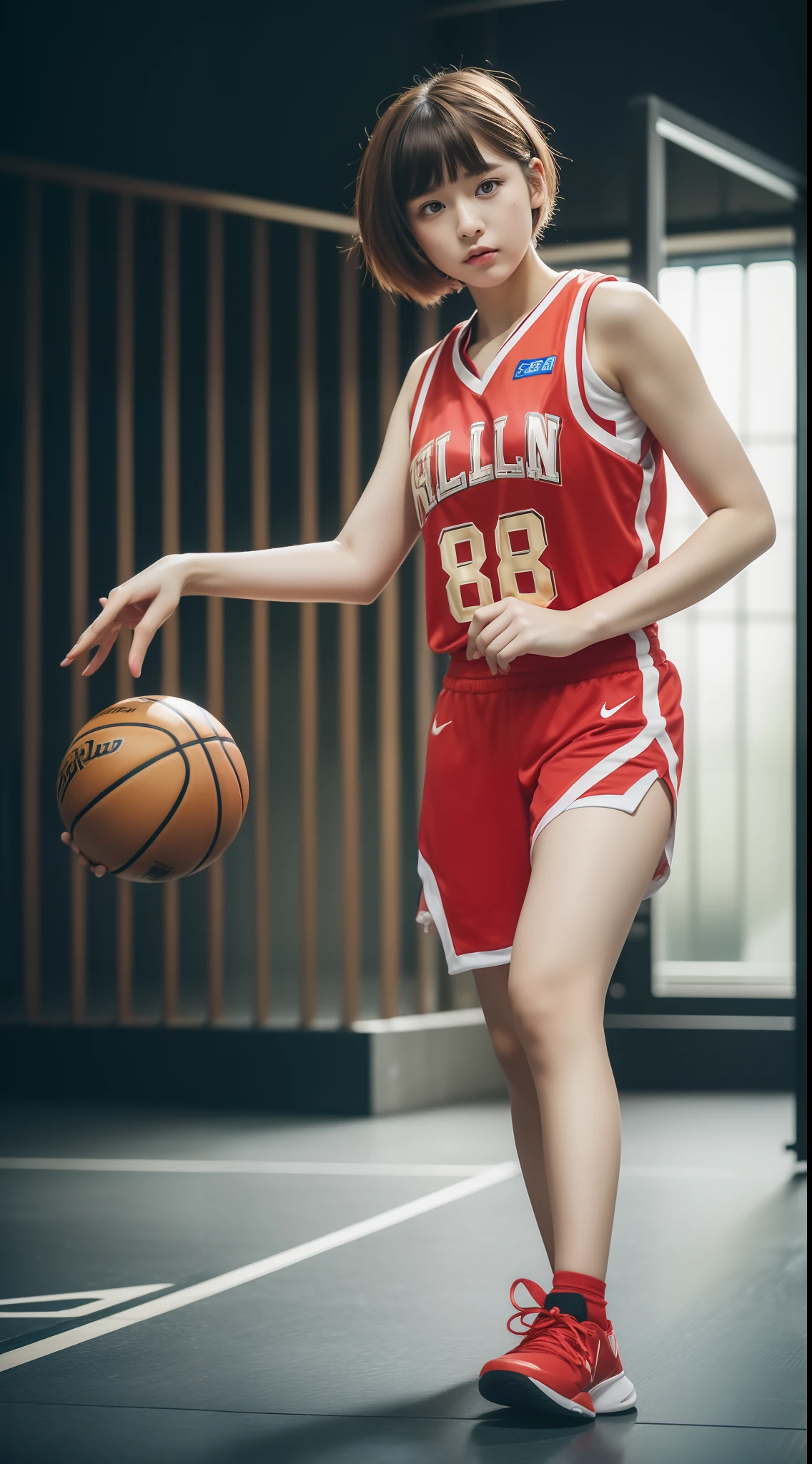 ((8k:1.27), best quality, masterpiece, golden ratio, ultra highres:1.2) Photo of cute idol girl
 (beautiful:1.1) (sci-fi warrior woman:1.1), cute asian girl, 16 years old, fantasy, detailed, sport photography, Hasselblad camera, depth of field, short hair, pixie haircut, random hair color, solo girl, 1 girl, white
skin, big breast: 1.5, rounded breast, chubby body, full body photography, basketball jersey, basketball play, basketballball, hold basketball, red basketball shoes