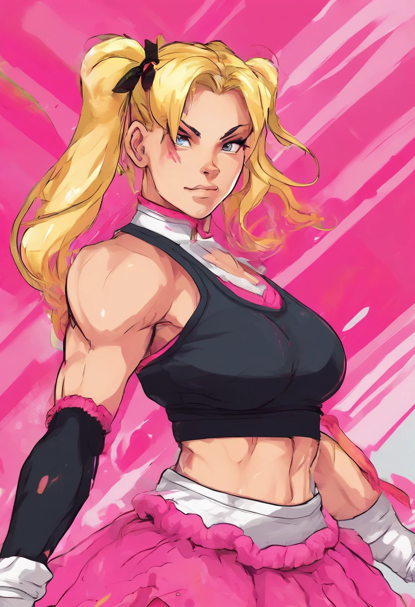 muscular female with blonde pigtails wearing thigh high socks and a pink frilly skirt with gym top on